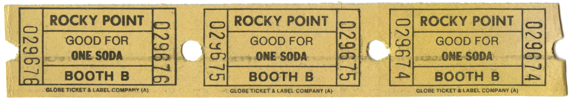 Rocky Point Park soda tickets (3), year unknown