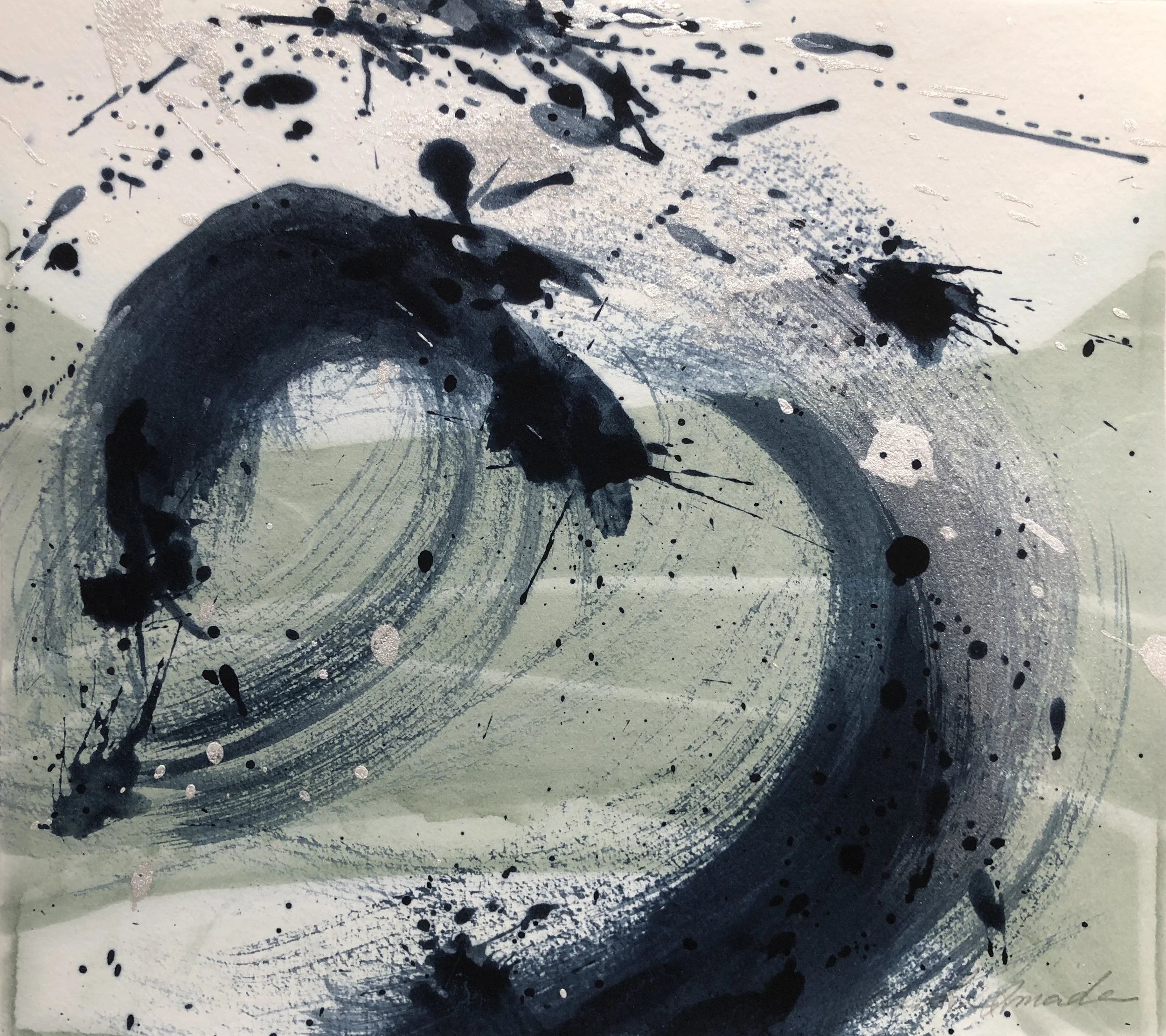 Indigo Whirlpools XII, Indigo ink, Poster paint, Indigo fresh leaf dyeing, 24.0 X 27.0 cm, 2021
