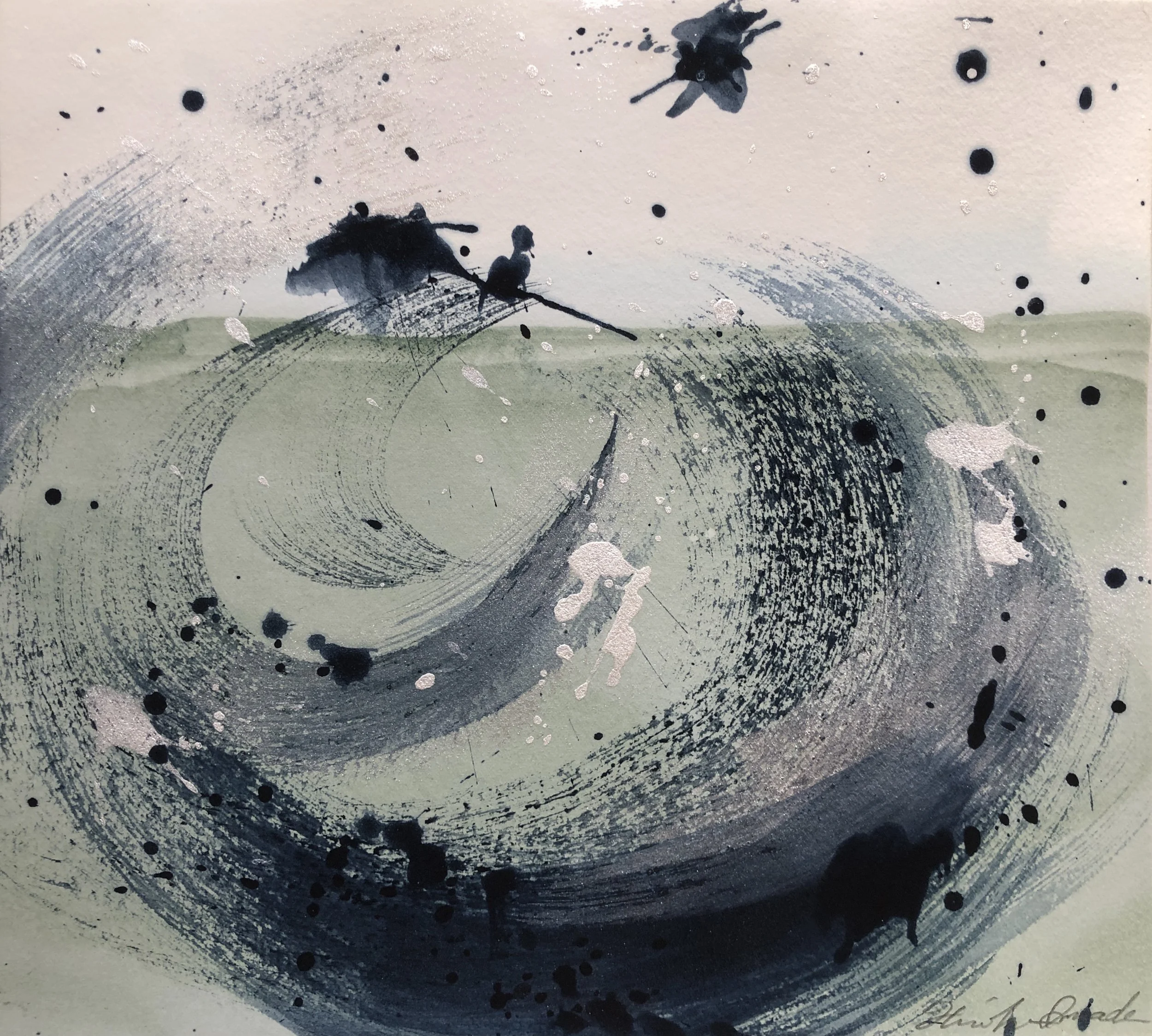 Indigo Whirlpools I, Indigo ink, Poster paint, Indigo fresh leaf dyeing, 24.0 X 27.0 cm, 2021 (Private Collection)