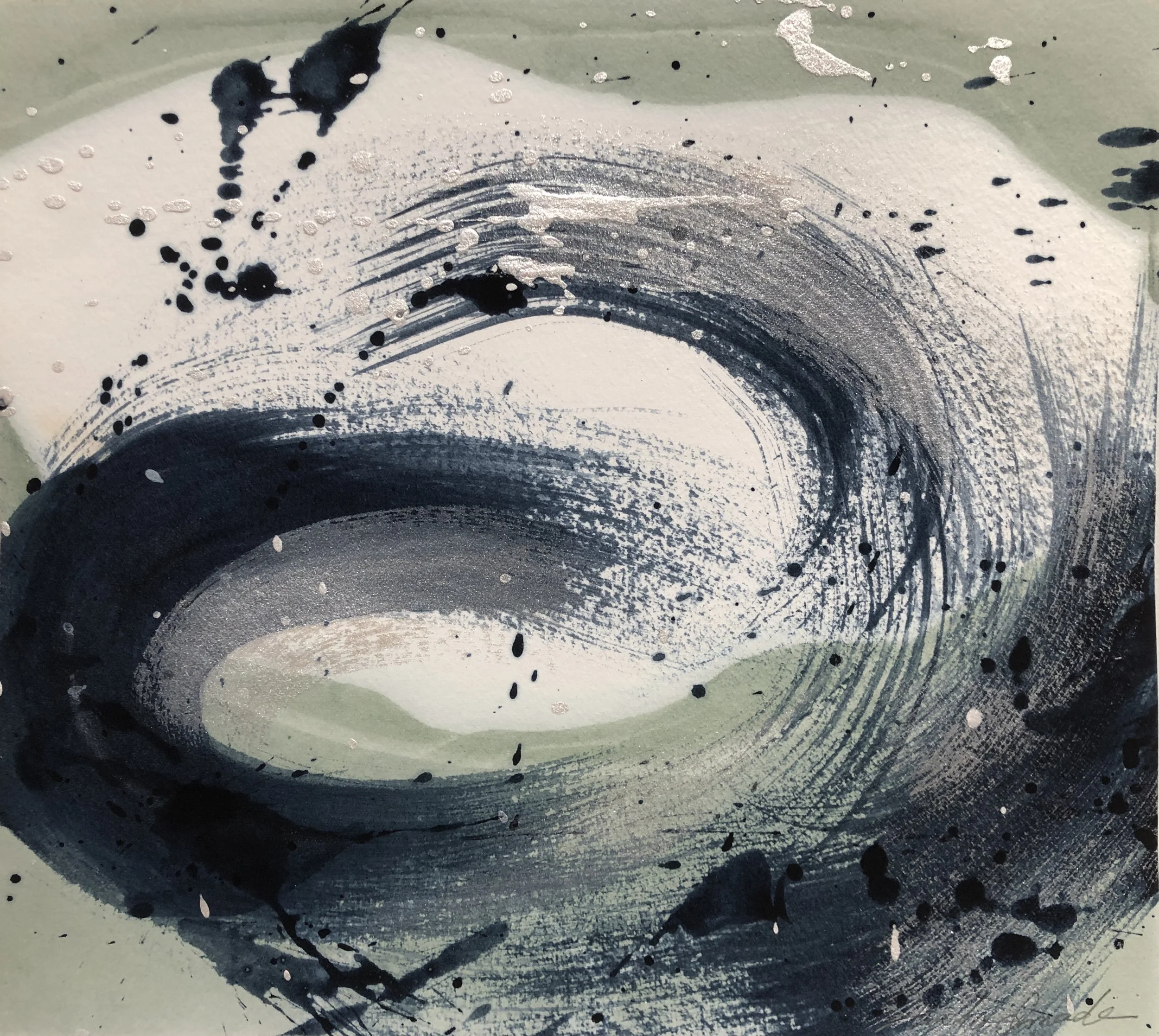 Indigo Whirlpools IV, Indigo ink, Poster paint, Indigo fresh leaf dyeing, 24.0 X 27.0 cm, 2021 (Private Collection)