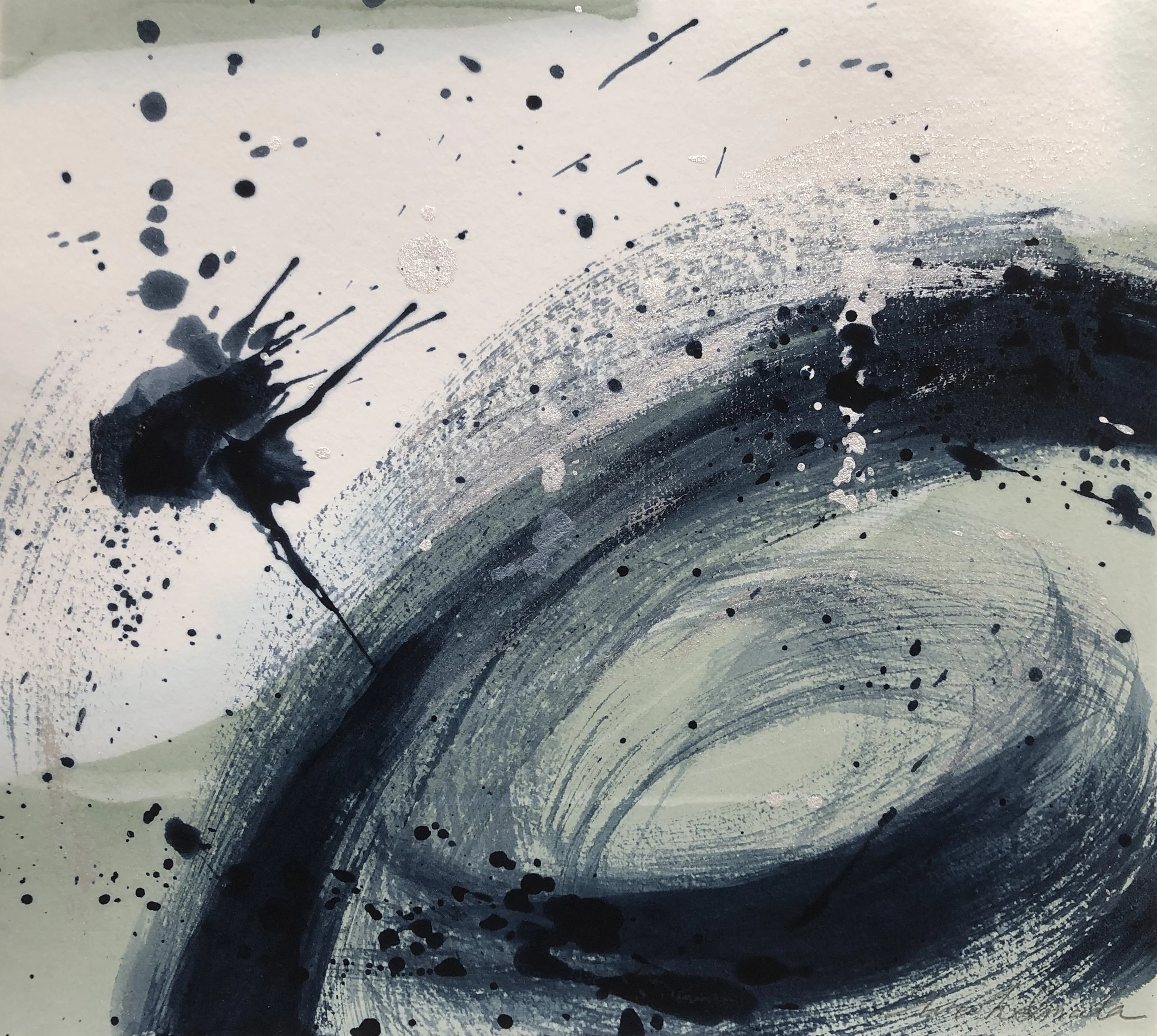 Indigo Whirlpools III, Indigo ink, Poster paint, Indigo fresh leaf dyeing, 24.0 X 27.0 cm, 2021 (Private Collection)