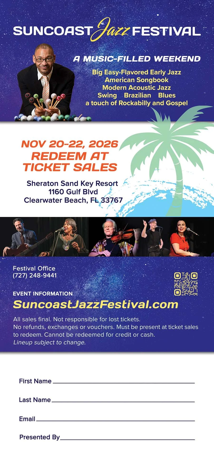 Poster for the Suncoast Jazz Festival, scheduled for November 20-22, 2026 at the Sheraton Sand Key Resort in Clearwater Beach, Florida. Features a man holding musical instruments, a palm tree graphic, and photos of jazz musicians. Includes event details, website, and contact information.