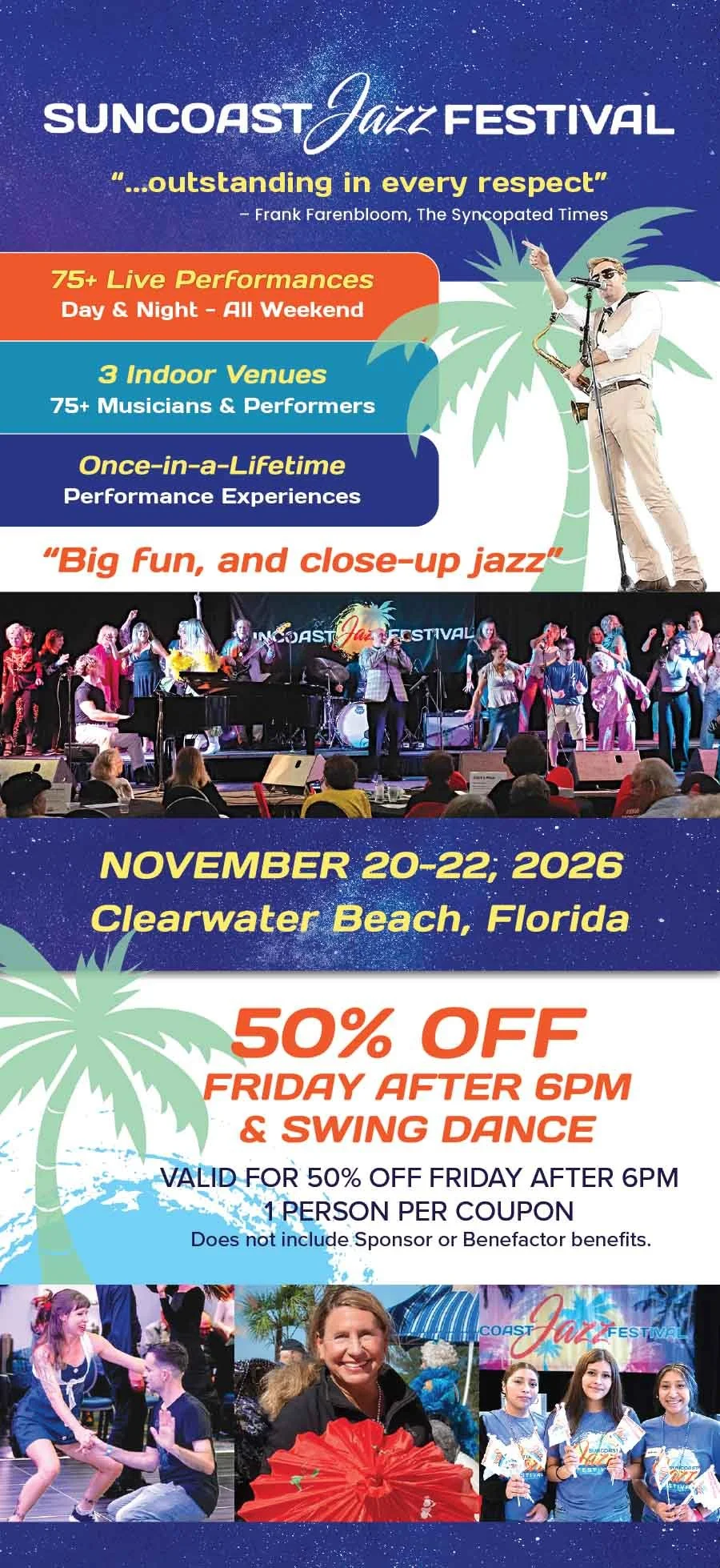 A promotional poster for the Suncoast Jazz Festival featuring event details, schedule, location, and photos of performances and participants.
