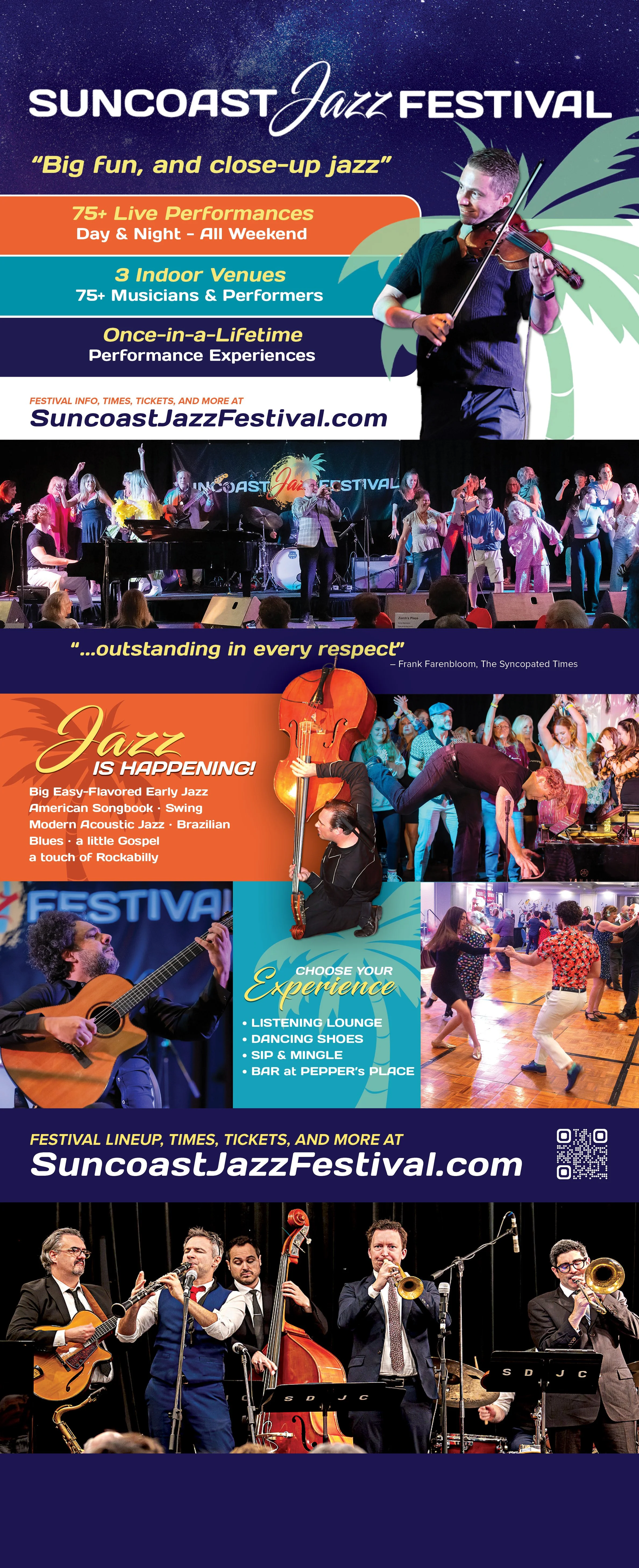 Poster for the Suncoast Jazz Festival featuring information about performances, venues, and experience options with images of musicians playing instruments and dancing.