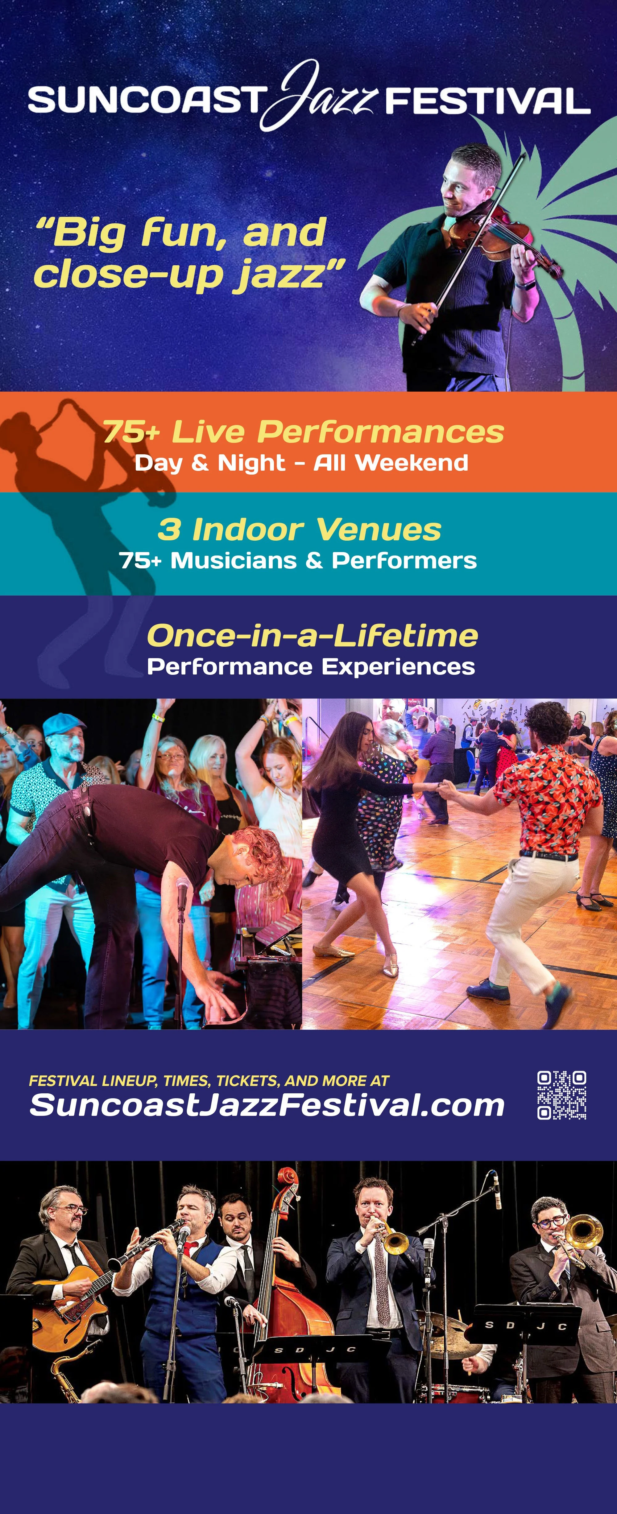 Flyer for Suncoast Jazz Festival featuring a jazz musician playing a violin, colorful text highlighting over 75 live performances at 3 indoor venues, and images of people dancing and enjoying the event, with band performing on stage.