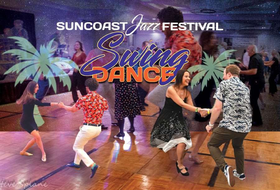 People dancing and swinging at the Suncoast Jazz Festival, with colorful lights and tropical palm tree graphics overlaying the scene.