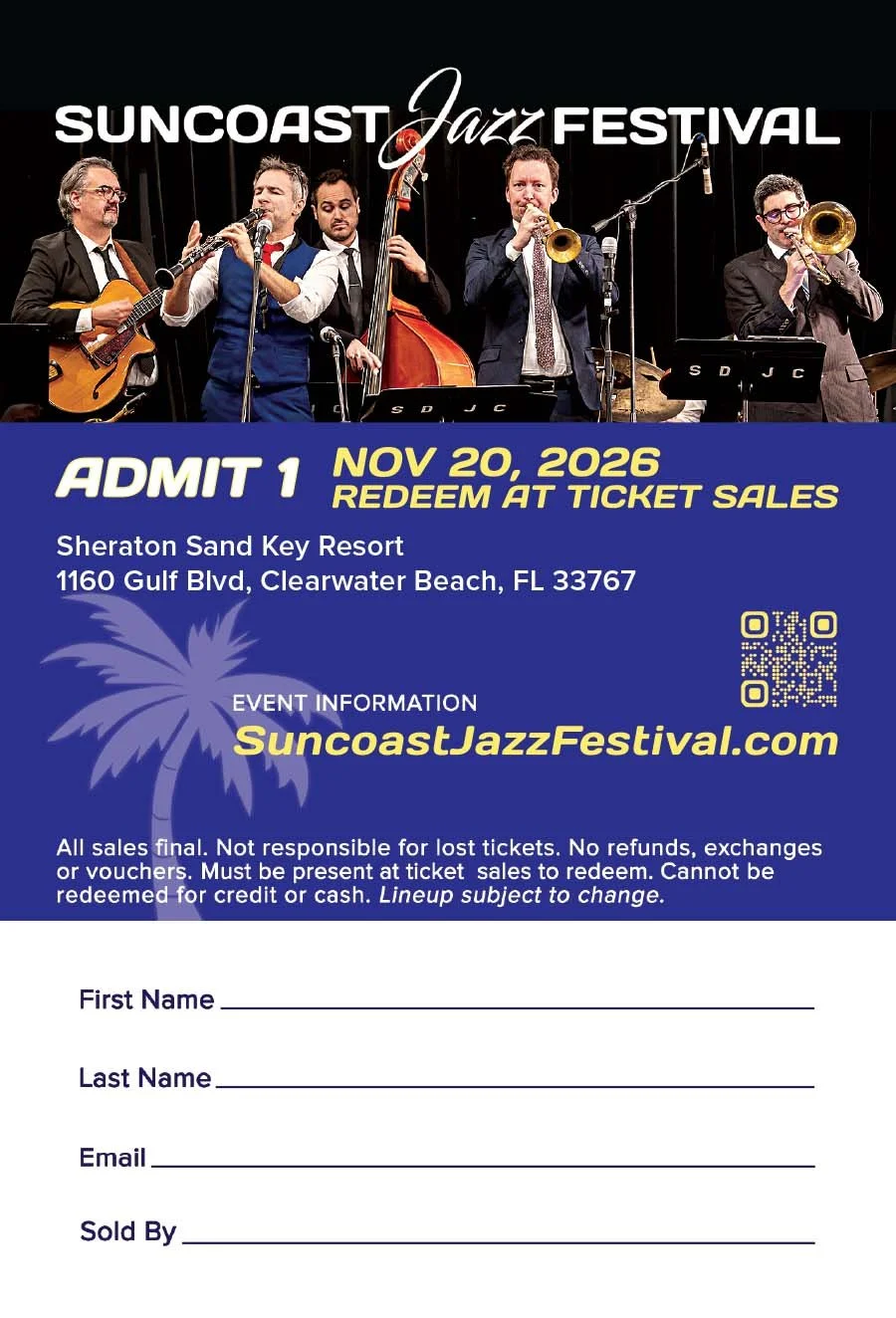 Ticket for Suncoast Jazz Festival on November 20, 2026, at Sheraton Sand Key Resort in Clearwater Beach, FL, featuring a photo of a jazz band performing on stage.