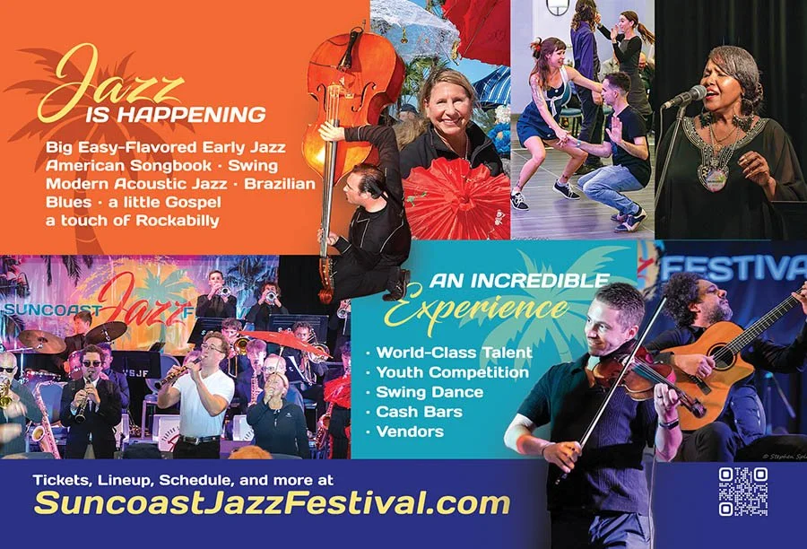 A promotional collage for the Suncoast Jazz Festival featuring various jazz performers, dancers, and musicians, with colorful backgrounds and text promoting the event.