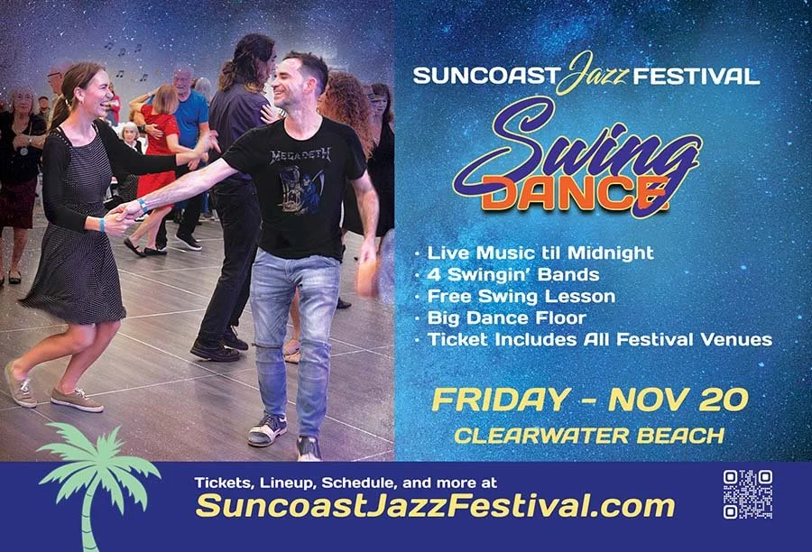 People dancing at a jazz festival on a dance floor with a promotional flyer on the side. The flyer advertises the Suncoast Jazz Festival, Swing Dance event with live music, bands, free lessons, and a big dance floor on November 20 at Clearwater Beach.