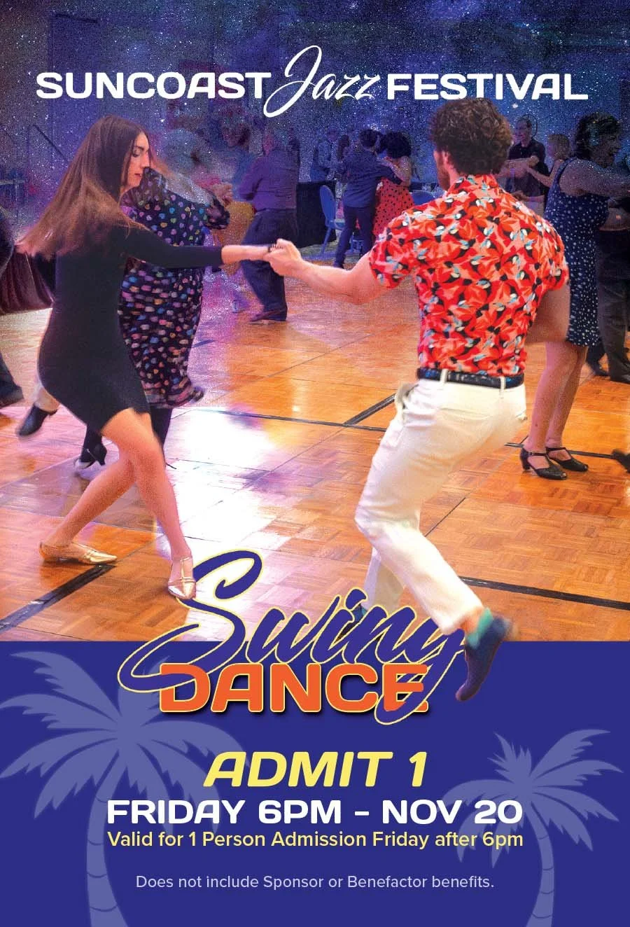 People dancing at the Suncoast Jazz Festival with a space-themed backdrop, featuring a woman in a black dress and a man in a red floral shirt, with event details for a dance tonight.