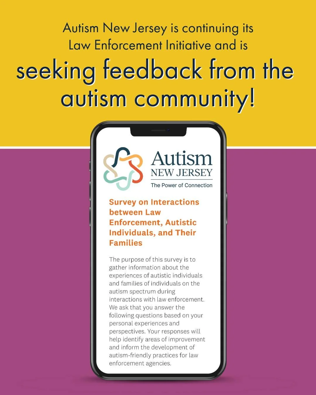 Autism New Jersey is continuing its Law Enforcement Initiative and is seeking feedback from the autism community! 📝 This effort focuses on improving understanding, training, and communication between law enforcement and autistic individuals, familie