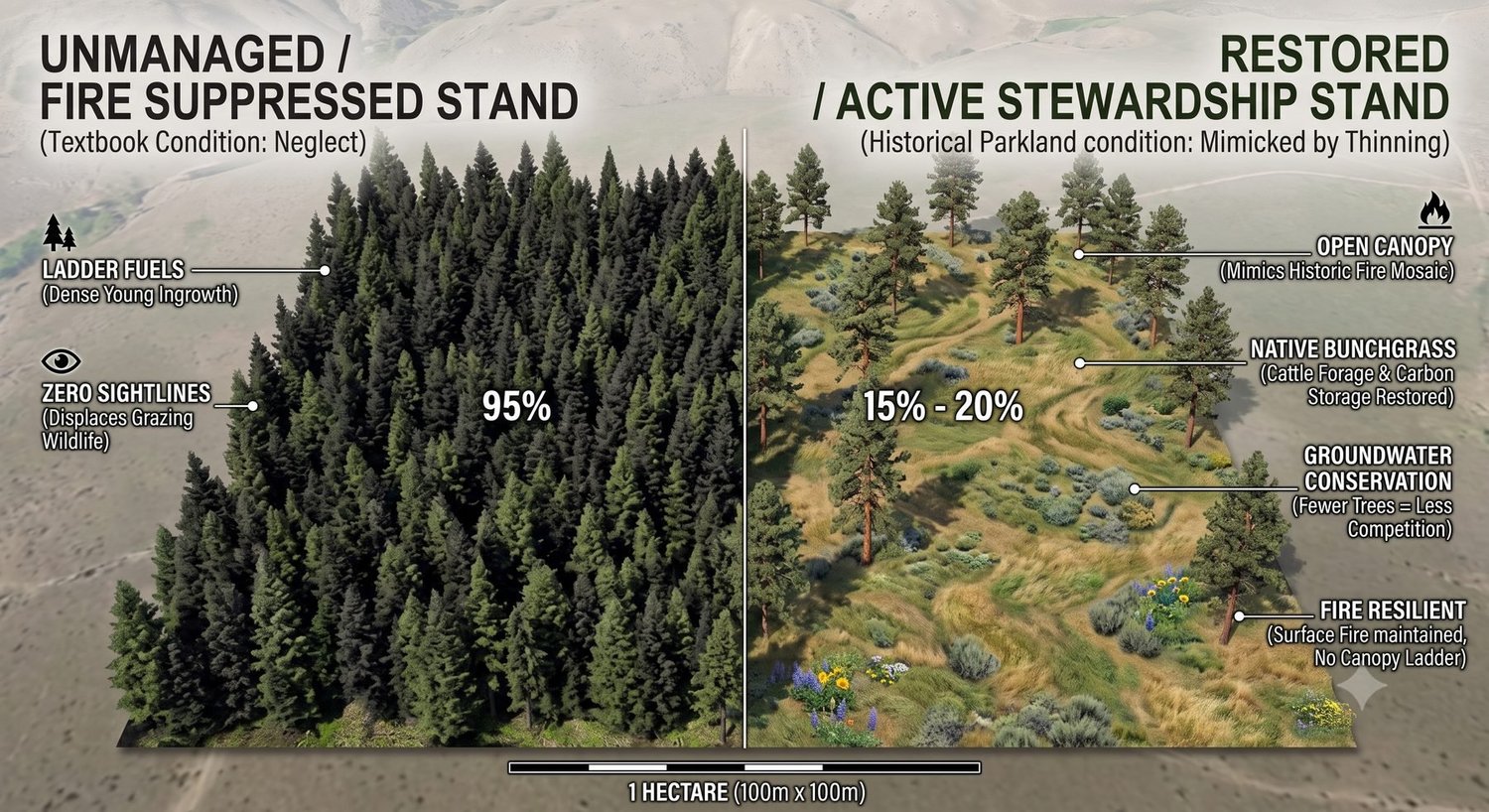 Aerial comparison of one hectare of Okanagan hillside: a dense, unmanaged fire-suppressed conifer stand on the left and a restored, thinned open parkland of widely spaced pines over bunchgrass on the right.
