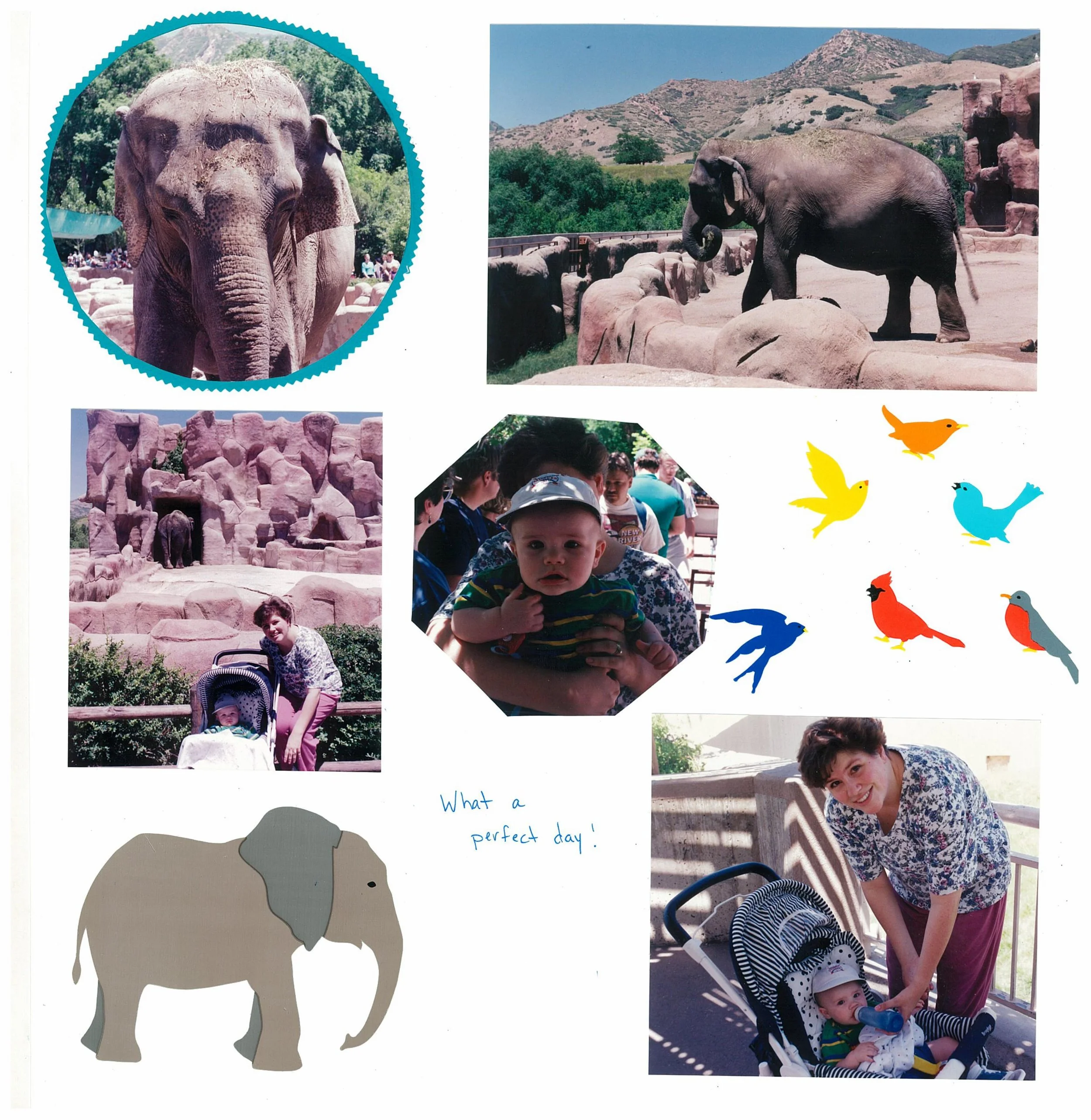 Older Creative Memories scrapbook layout showing zoo photos with colorful stickers and embellishments.