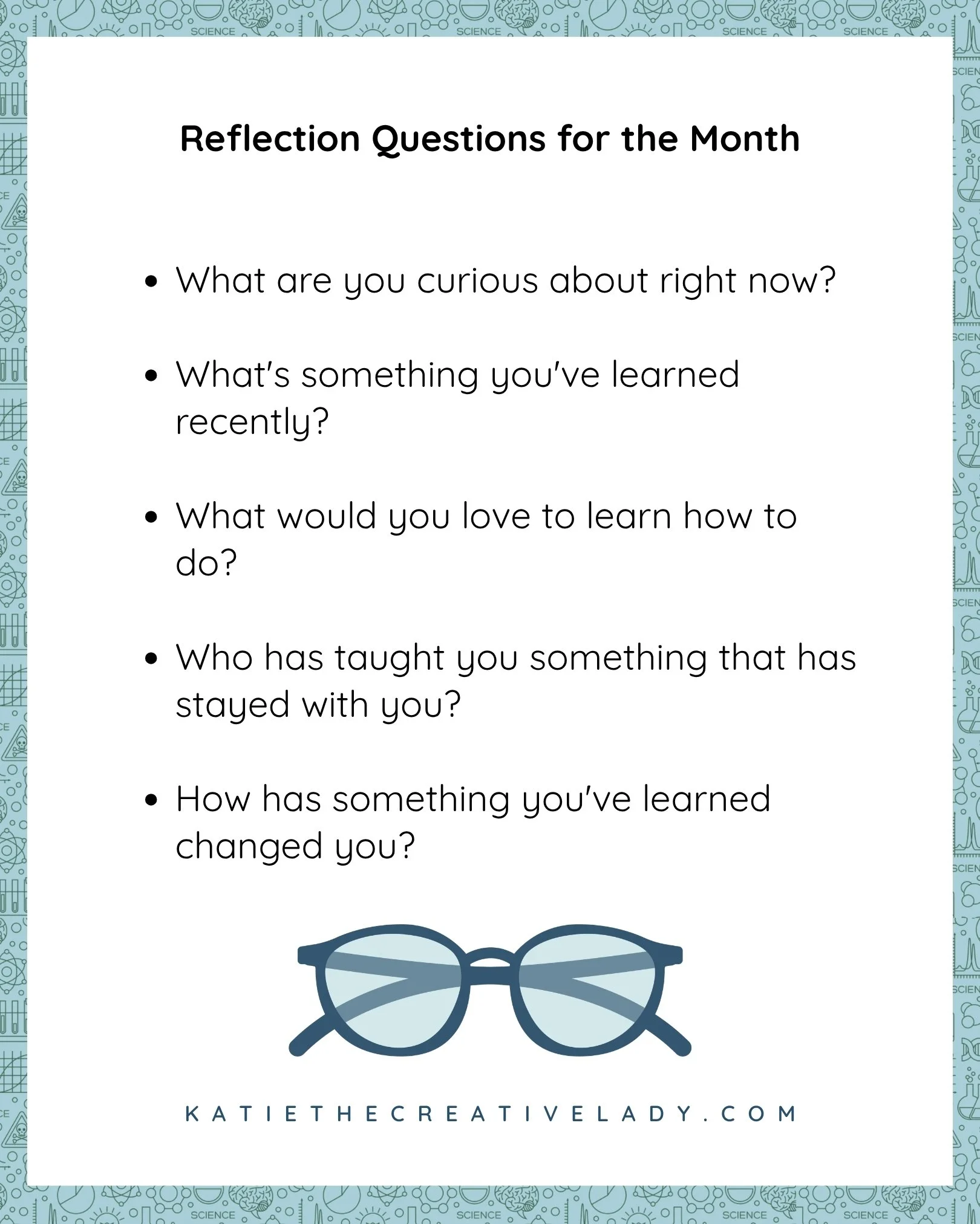 Five reflection questions for September’s Lifelong Learning theme about curiosity, recent learning, new skills, influential teachers, and personal growth.