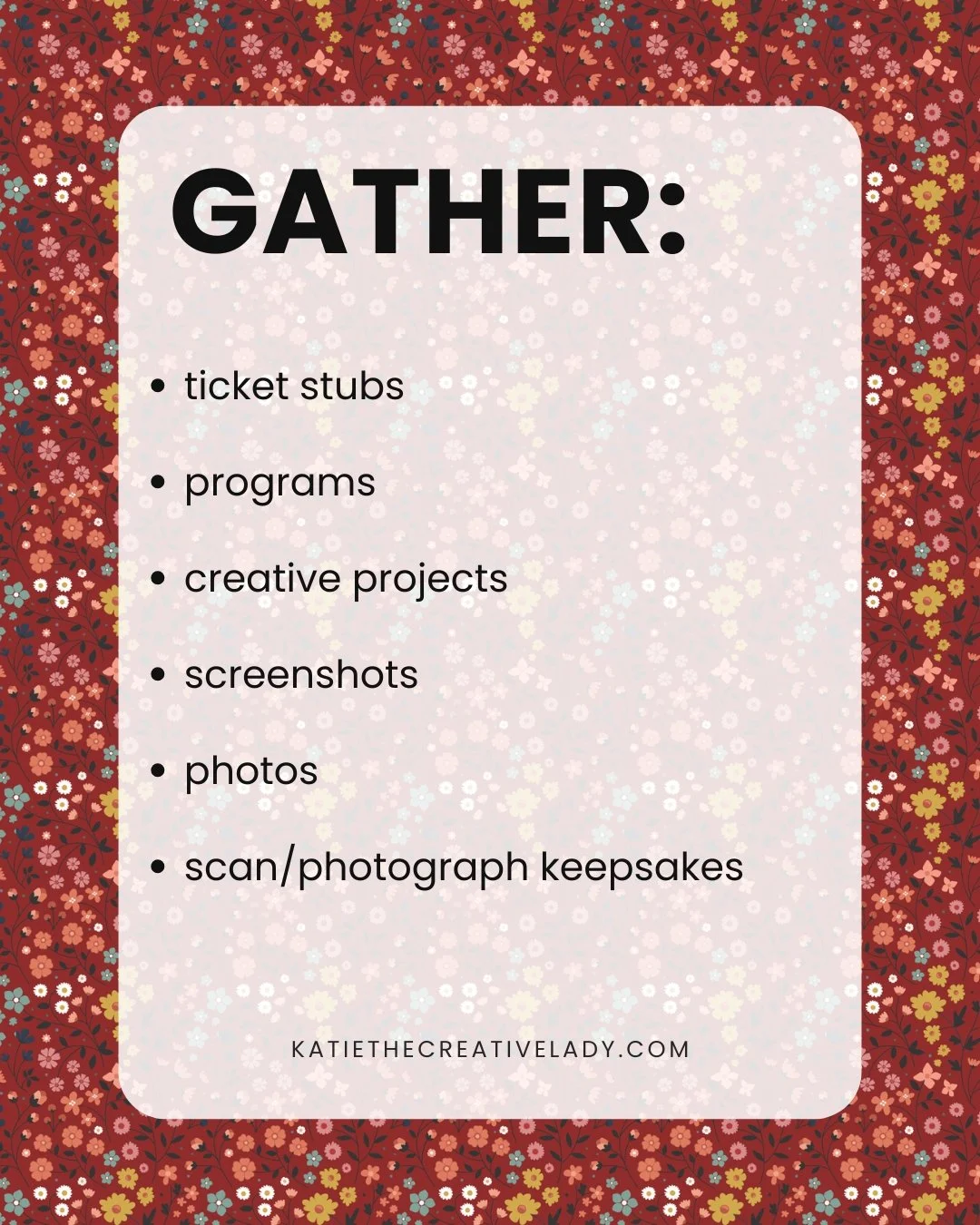 March roundup gather prompts listing ticket stubs, creative projects, screenshots, photos, and keepsakes.
