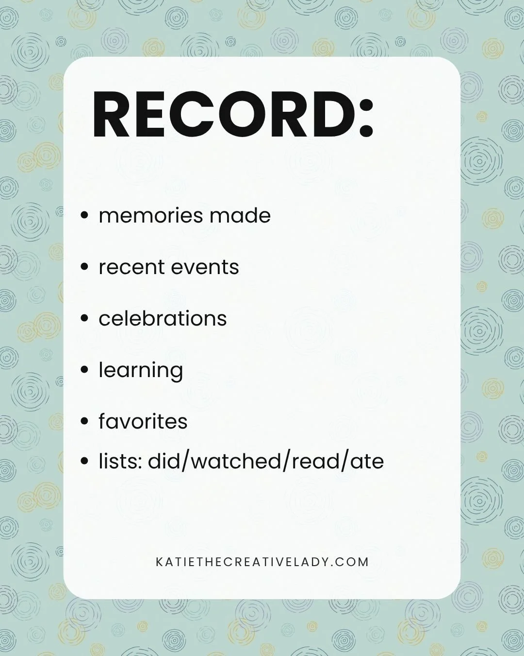 Monthly roundup journaling checklist with ideas for recording memories, recent events, celebrations, learning, favorites, and lists of activities, entertainment, books, and meals