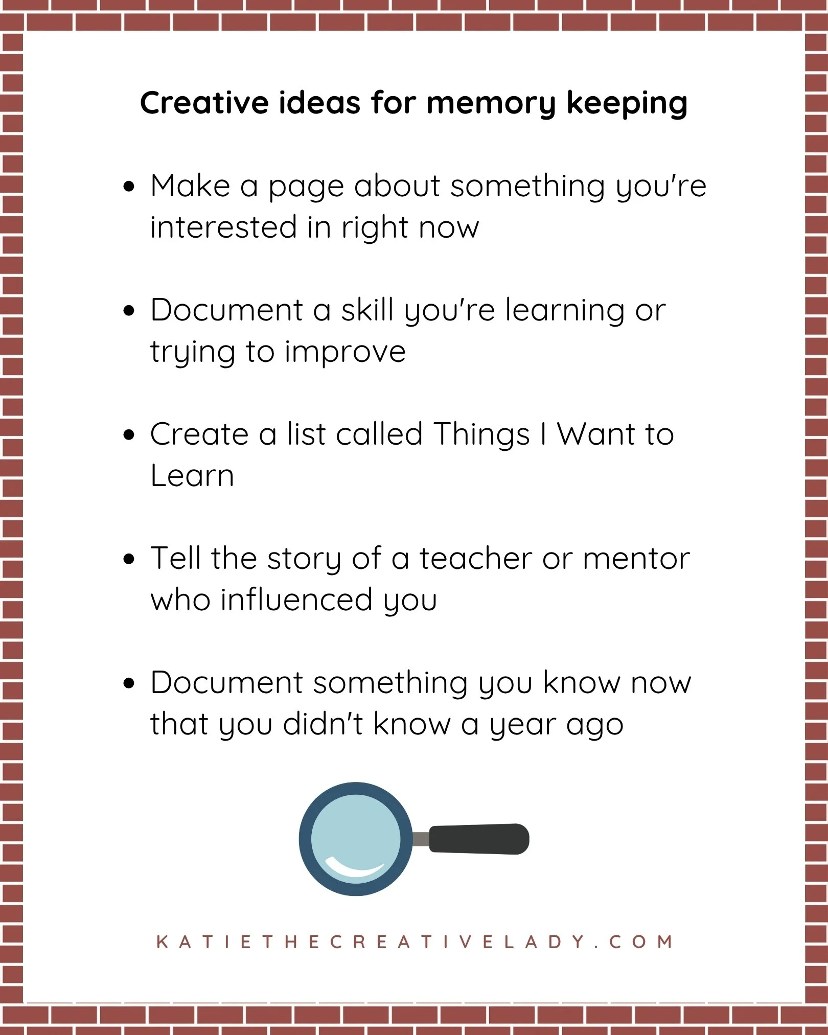 Five creative memory keeping ideas for the Lifelong Learning theme, including documenting current interests, new skills, learning goals, influential teachers, and things you’ve learned.