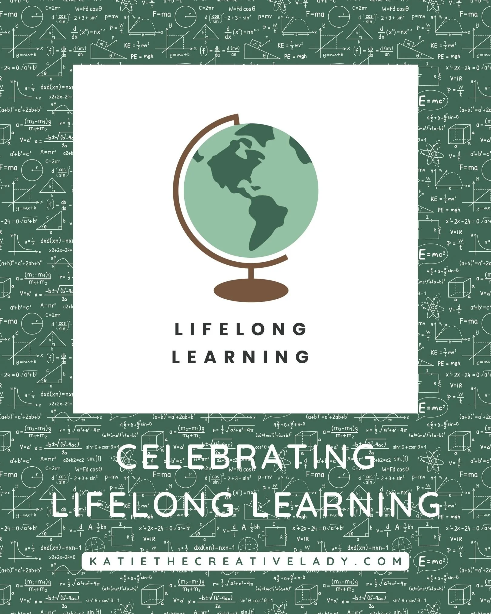 Lifelong Learning graphic featuring a globe surrounded by a green chalkboard pattern with math, science, and educational illustrations.
