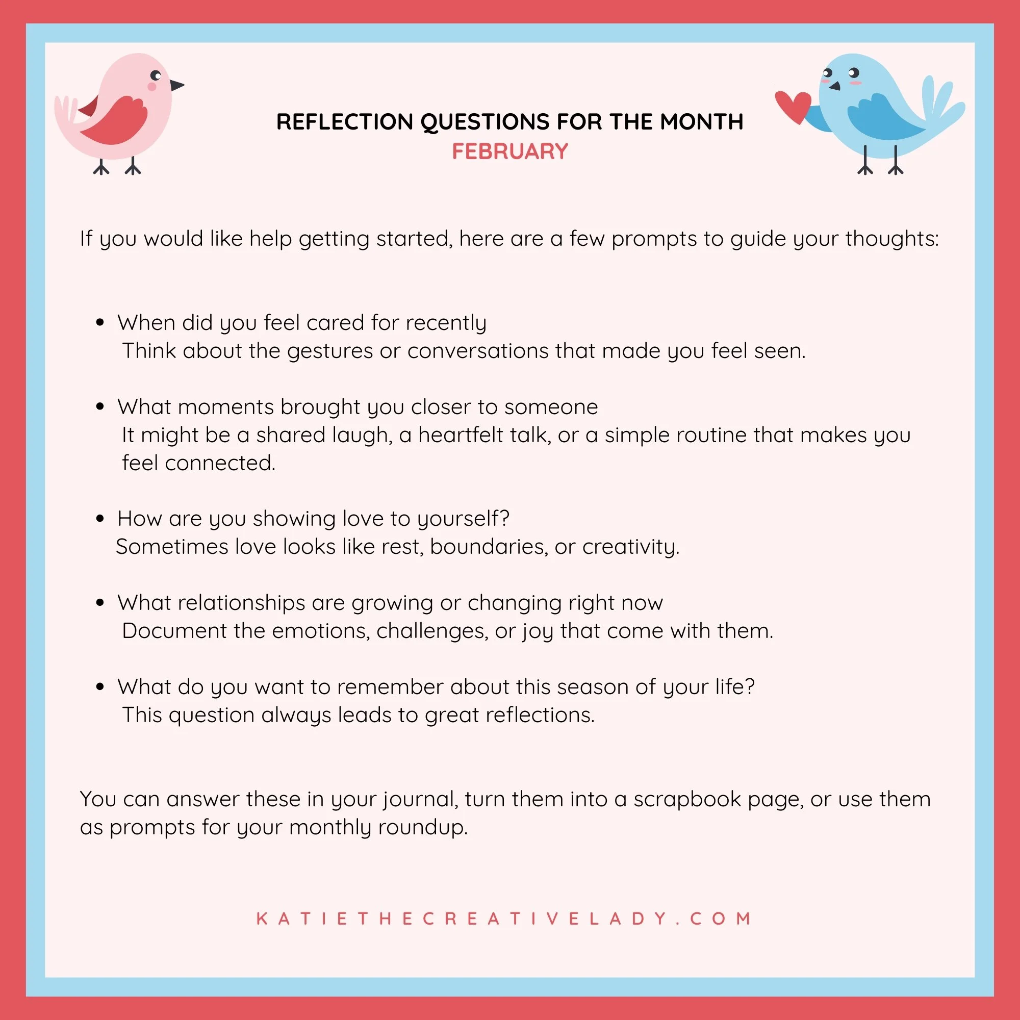 February reflection questions for the theme of love and connection, including prompts about relationships, self care, and meaningful moments.