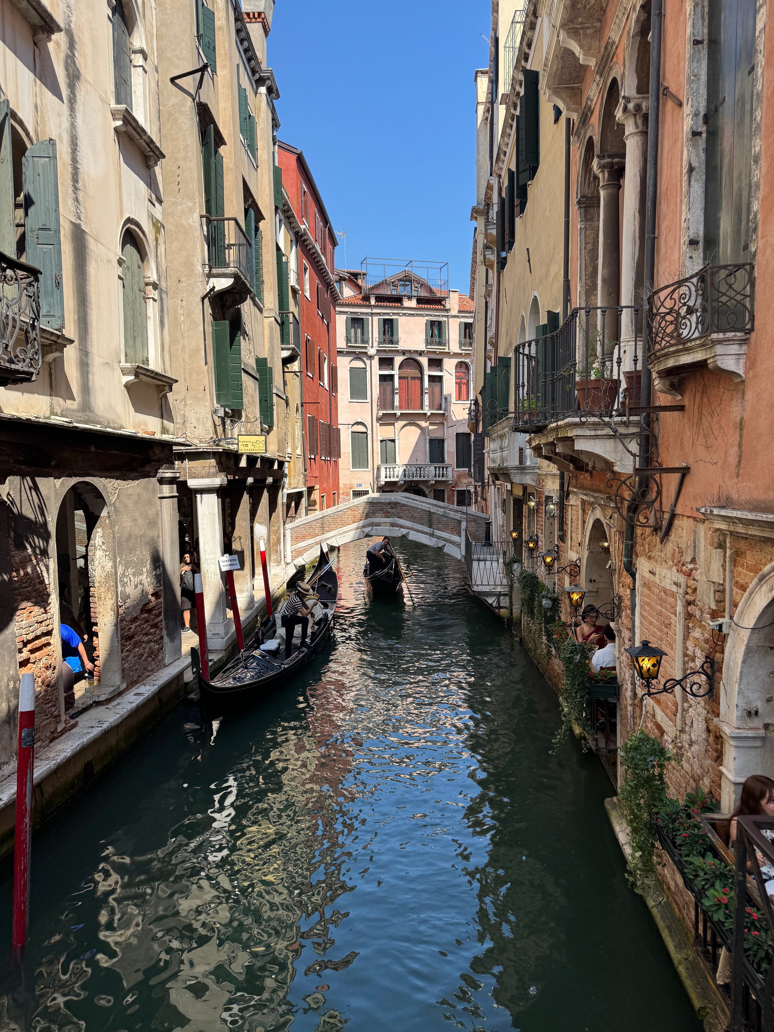 Narrow canal in Venice, Italy, with gondolas passing beneath a small bridge between historic buildings.