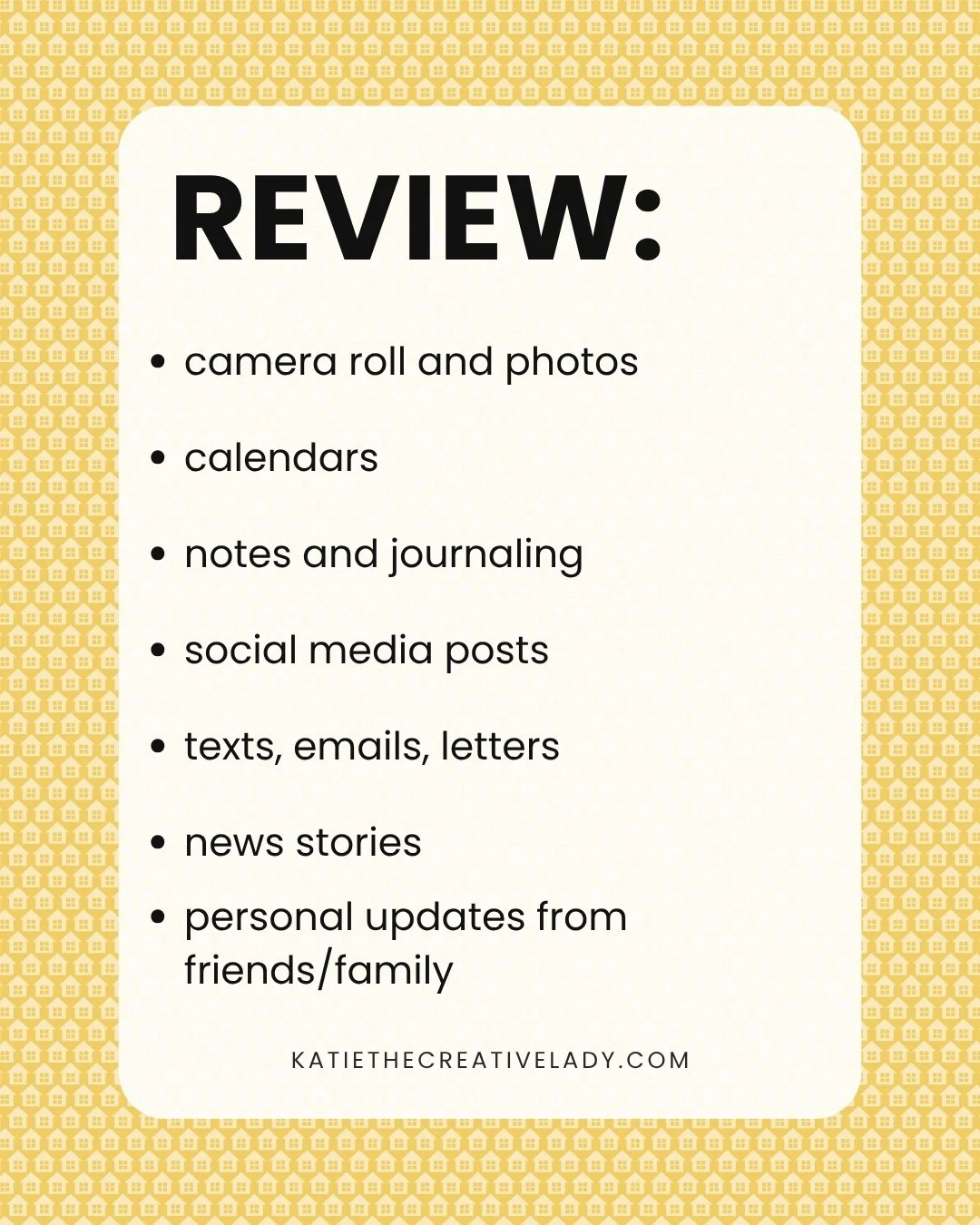 august memory roundup review checklist with reminders to check photos, calendars, notes, social media, messages, news stories, and updates from family and friends.