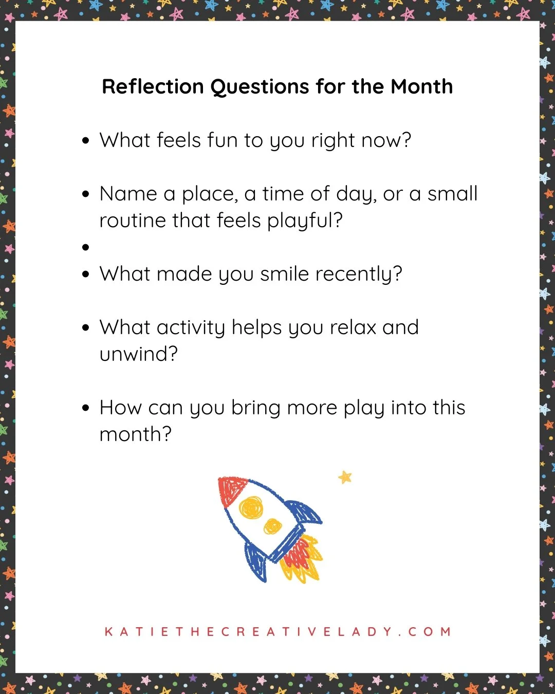 Reflection questions for a monthly memory keeping project about play, including prompts about fun, playful routines, smiling, relaxing activities, and bringing more play into everyday life.