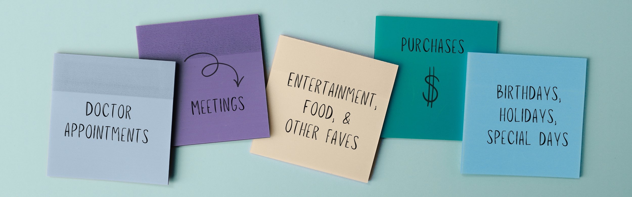 memo notes with reminders to document things like doctor visits, purchases, meetings, and birthdays