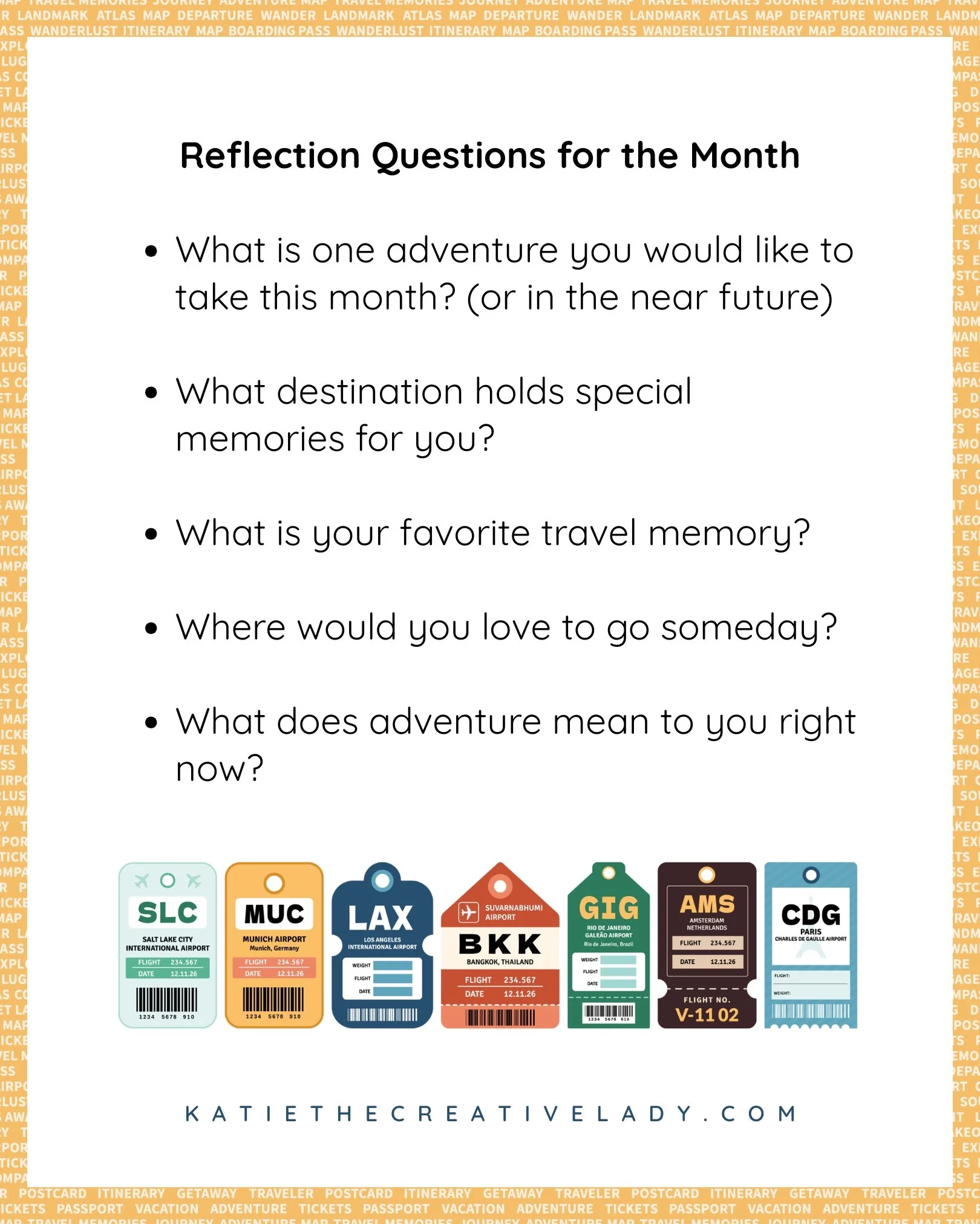 Reflection questions for the Travel and Adventure theme encouraging readers to think about destinations, discoveries, and meaningful experiences.