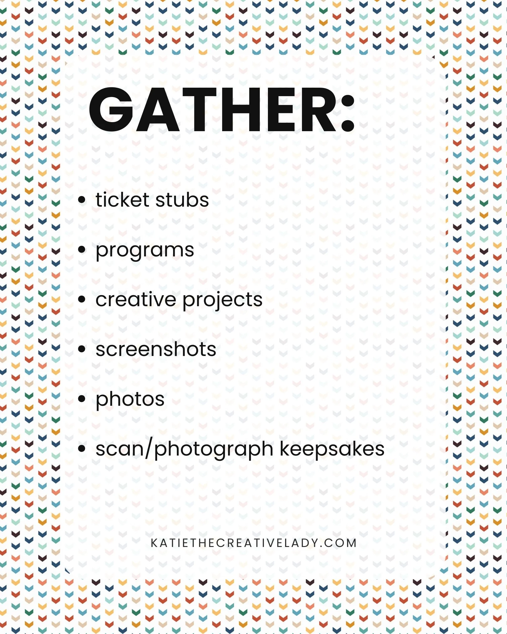 Travel and Adventure themed memory keeping prompt card listing items to gather including ticket stubs, programs, creative projects, screenshots, photos, and keepsakes.