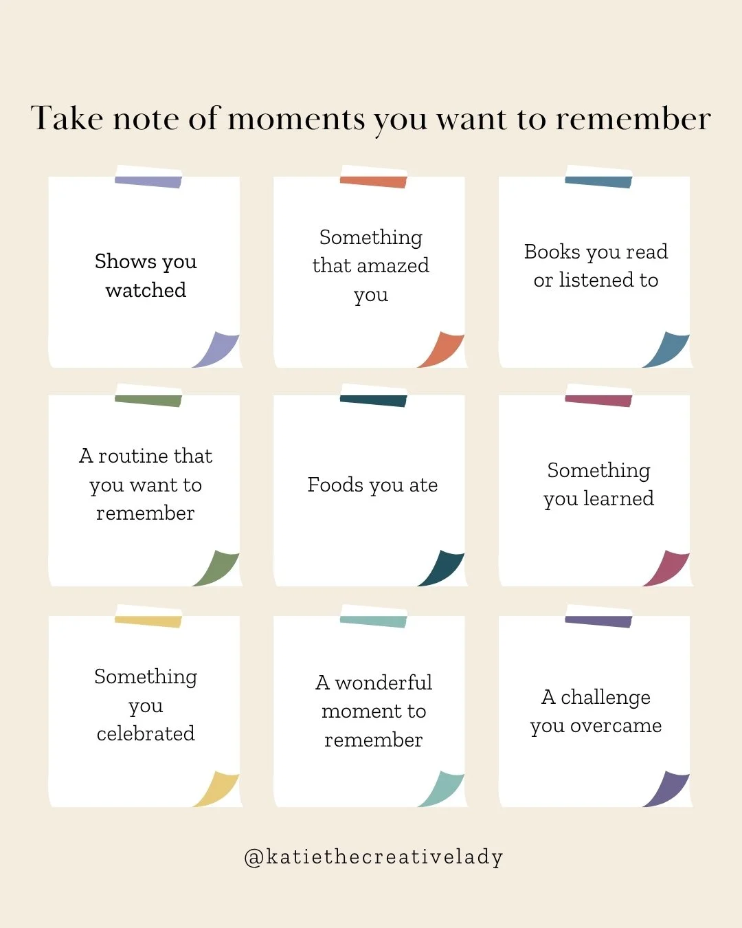October memory keeping graphic featuring nine prompts for documenting shows, books, meals, routines, celebrations, new discoveries, challenges, and moments of wonder