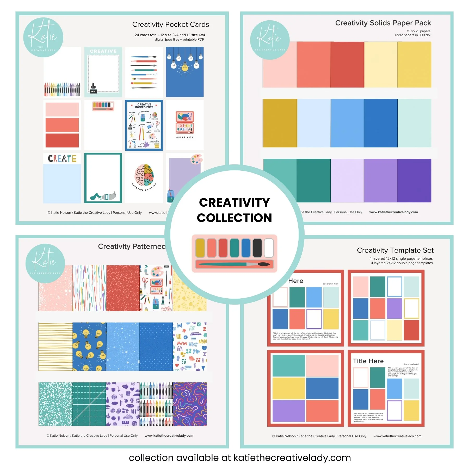 Preview image of the creativity collection featuring patterned papers, word art, and journaling cards.