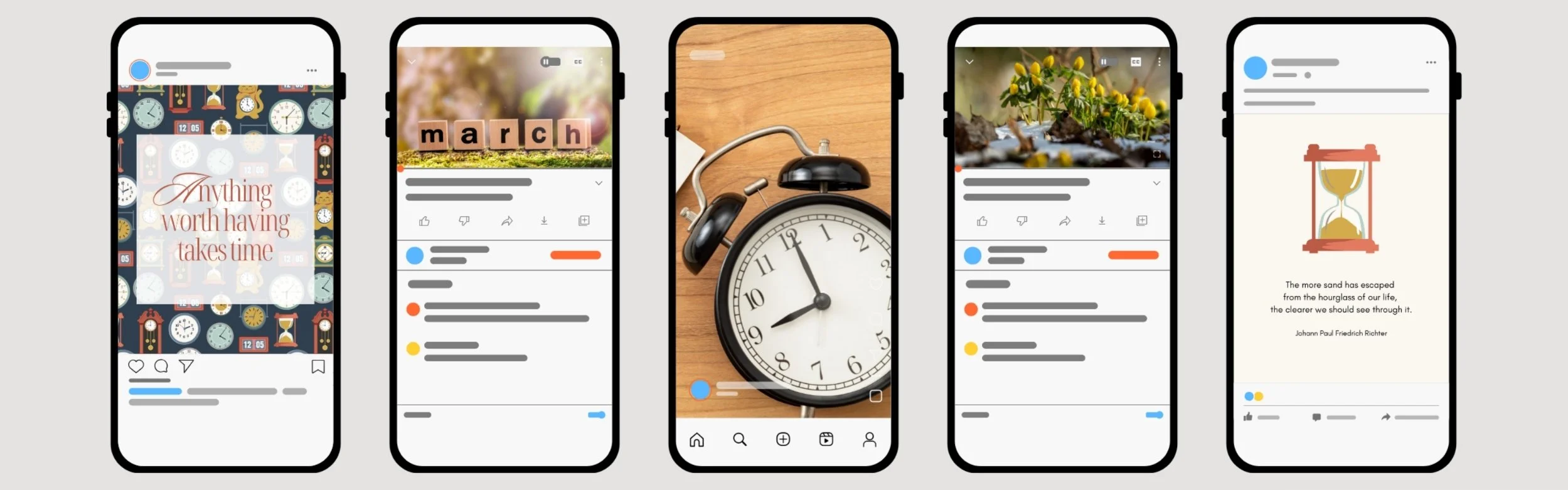 Row of five smartphone mockups showing social media post ideas including clocks, the word March, a clock photo, daffodils, and an hourglass illustration.