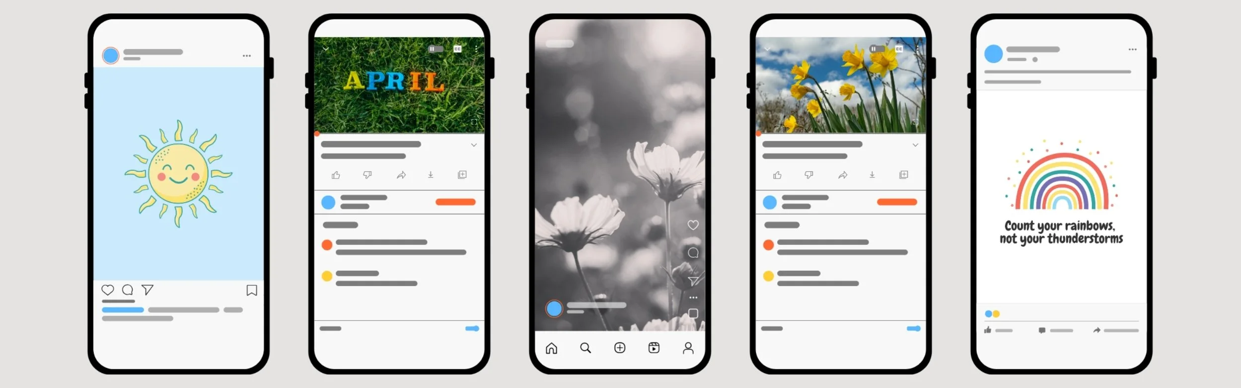 Row of five smartphone mockups showing social media post ideas