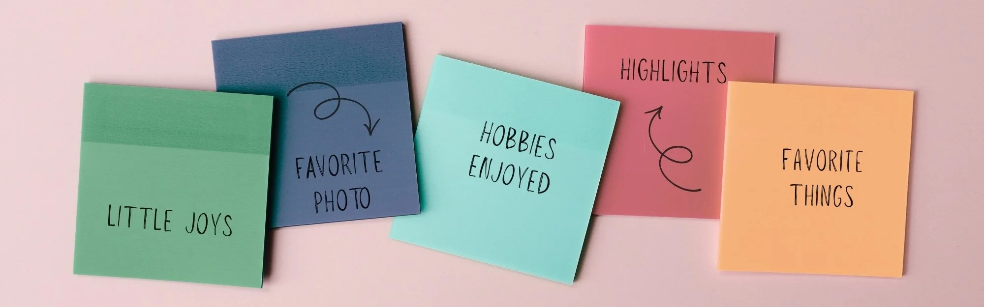 Colorful sticky notes featuring monthly memory-keeping prompts including Little Joys, Favorite Photo, Hobbies Enjoyed, Highlights, and Favorite Things to inspire a July roundup or scrapbook page.