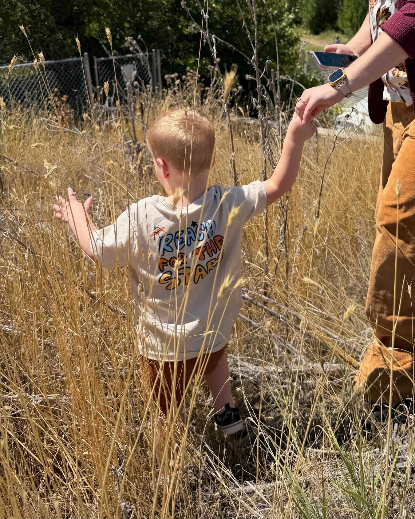 Young child holding an adult’s hand while walking through tall summer grass on a sunny day.