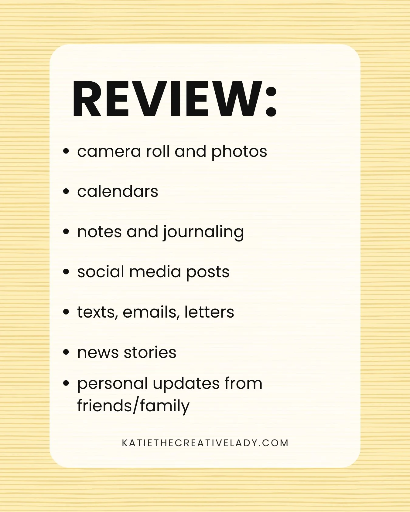Monthly roundup review list: photos, calendars, journaling, social posts