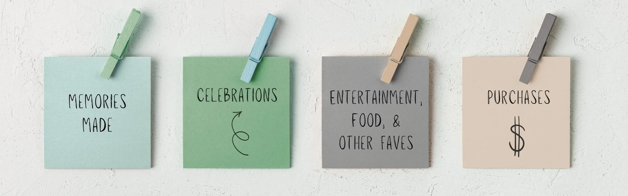 Four pastel-colored notes clipped to a wall with monthly roundup reminders for documenting memories, celebrations, entertainment, favorite foods, and purchases.