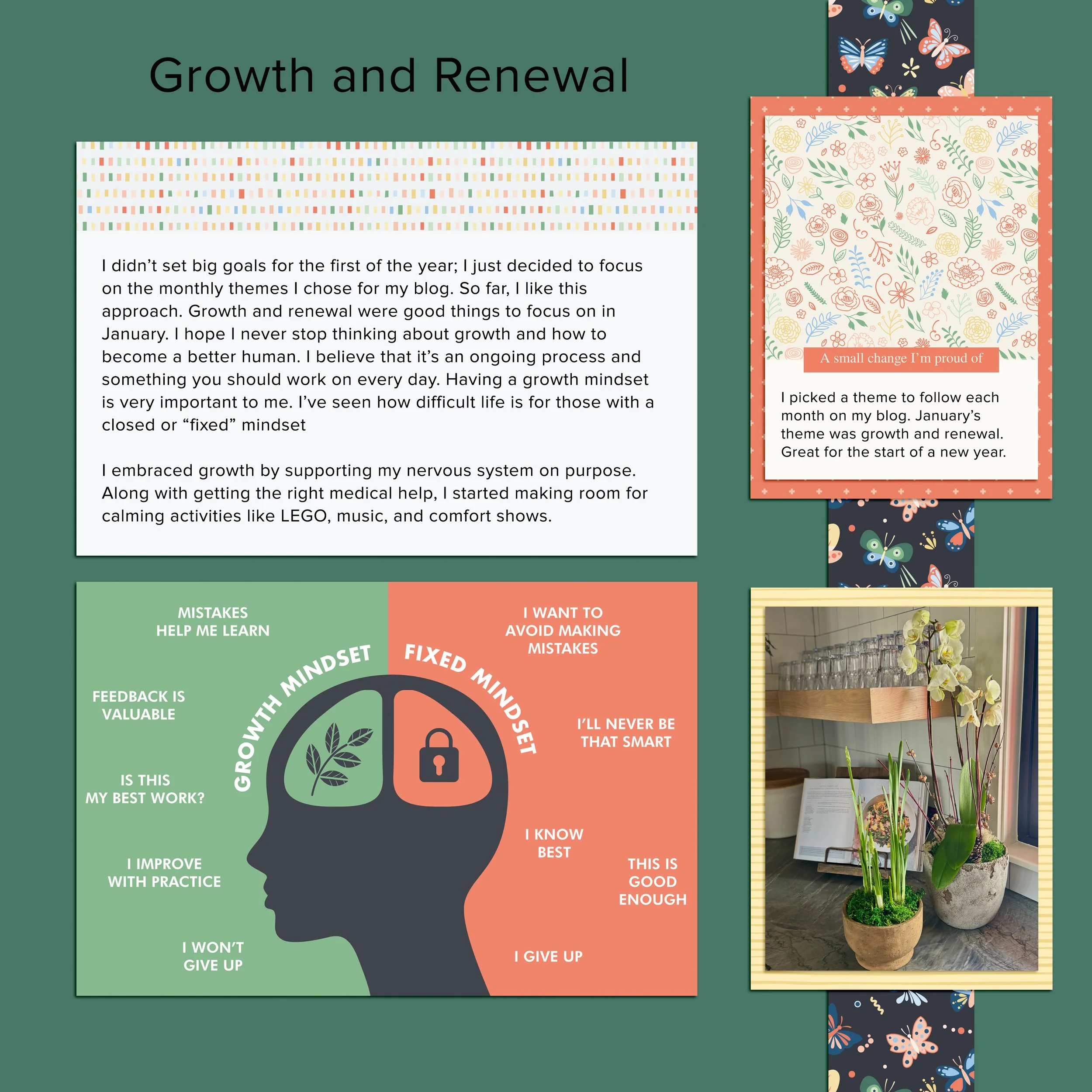 Scrapbook layout focused on growth and renewal with photos, journaling, and reflection from January.