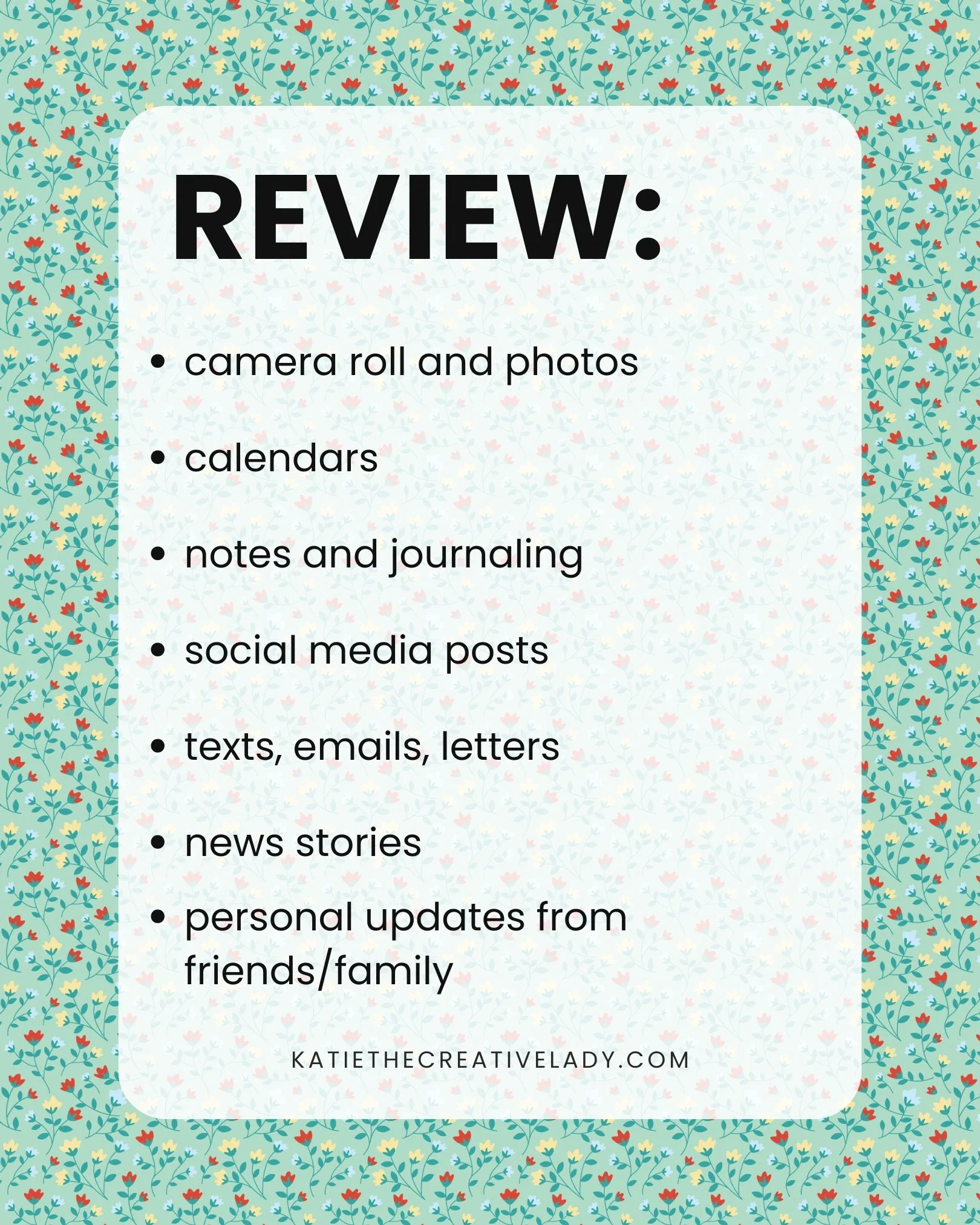 April roundup review checklist showing ideas like photos, calendars, journaling, and personal updates.