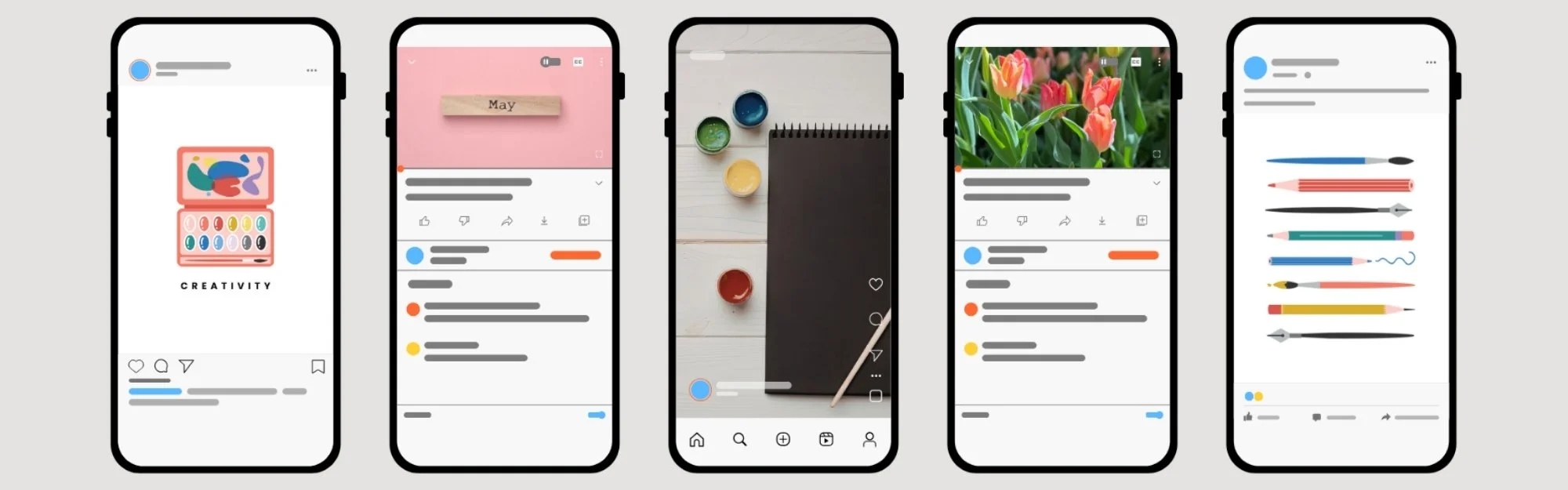 Row of five smartphone mockups showing social media post ideas