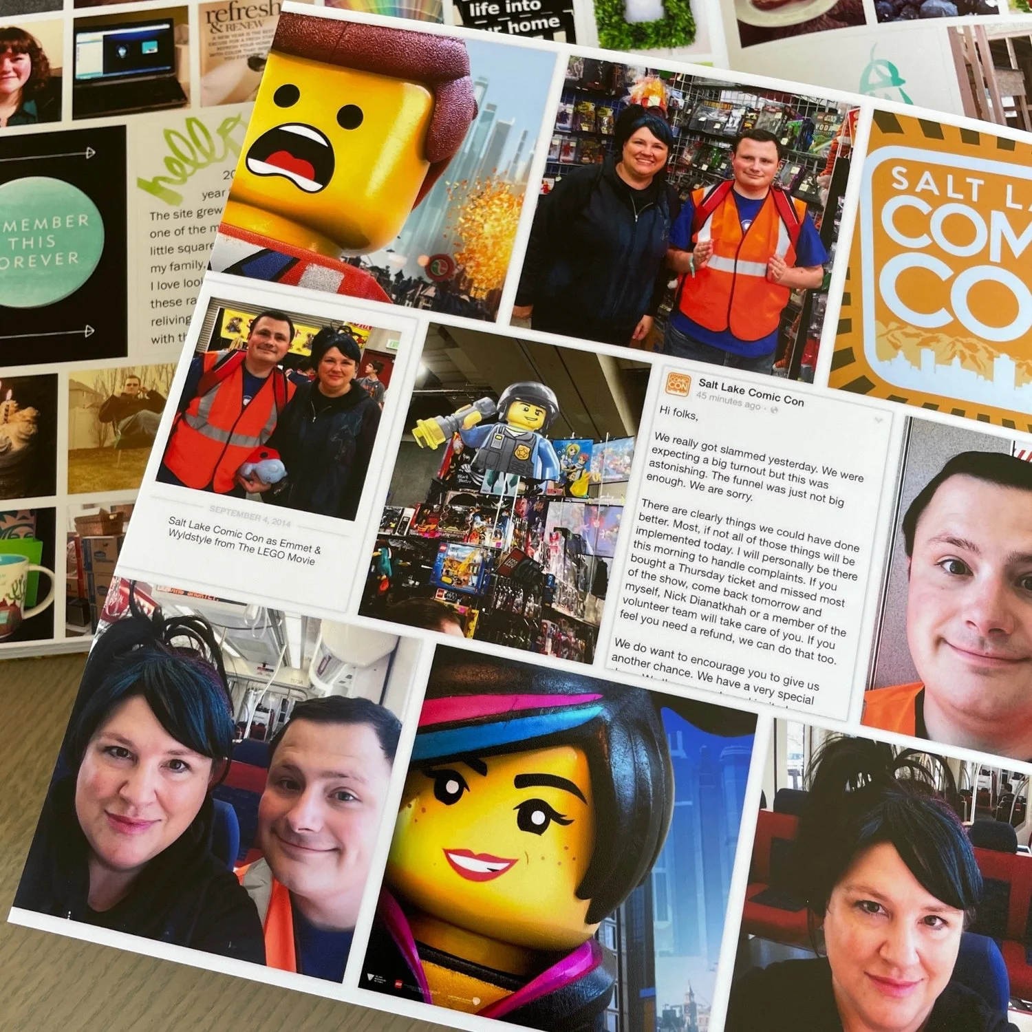 A scrapbook layout documenting a family tradition of attending Salt Lake Comic Con together, featuring photos, memorabilia, journaling, and LEGO-themed memories.