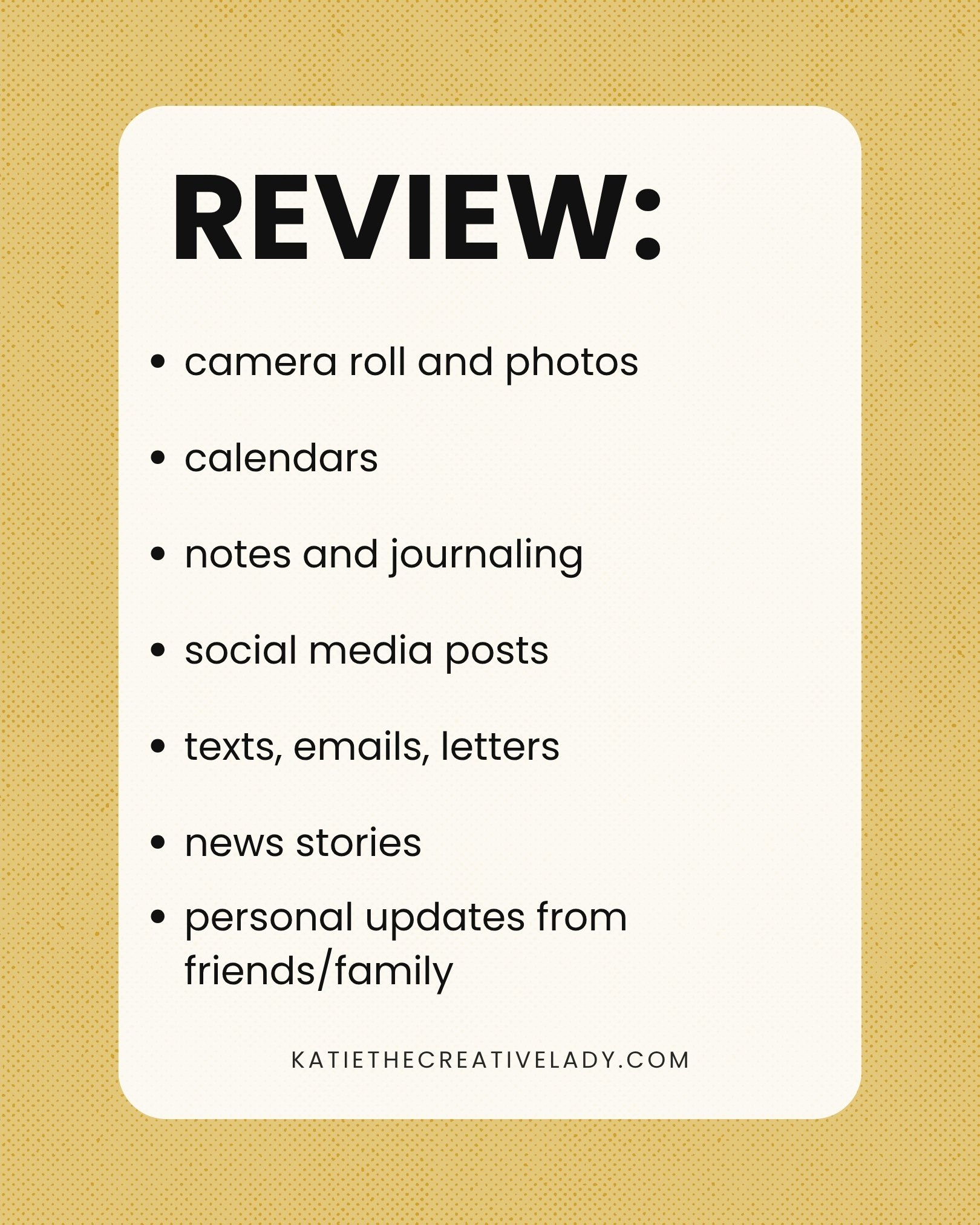 Review checklist for a September memory roundup, including photos, calendars, journaling, social media, messages, news, and family updates