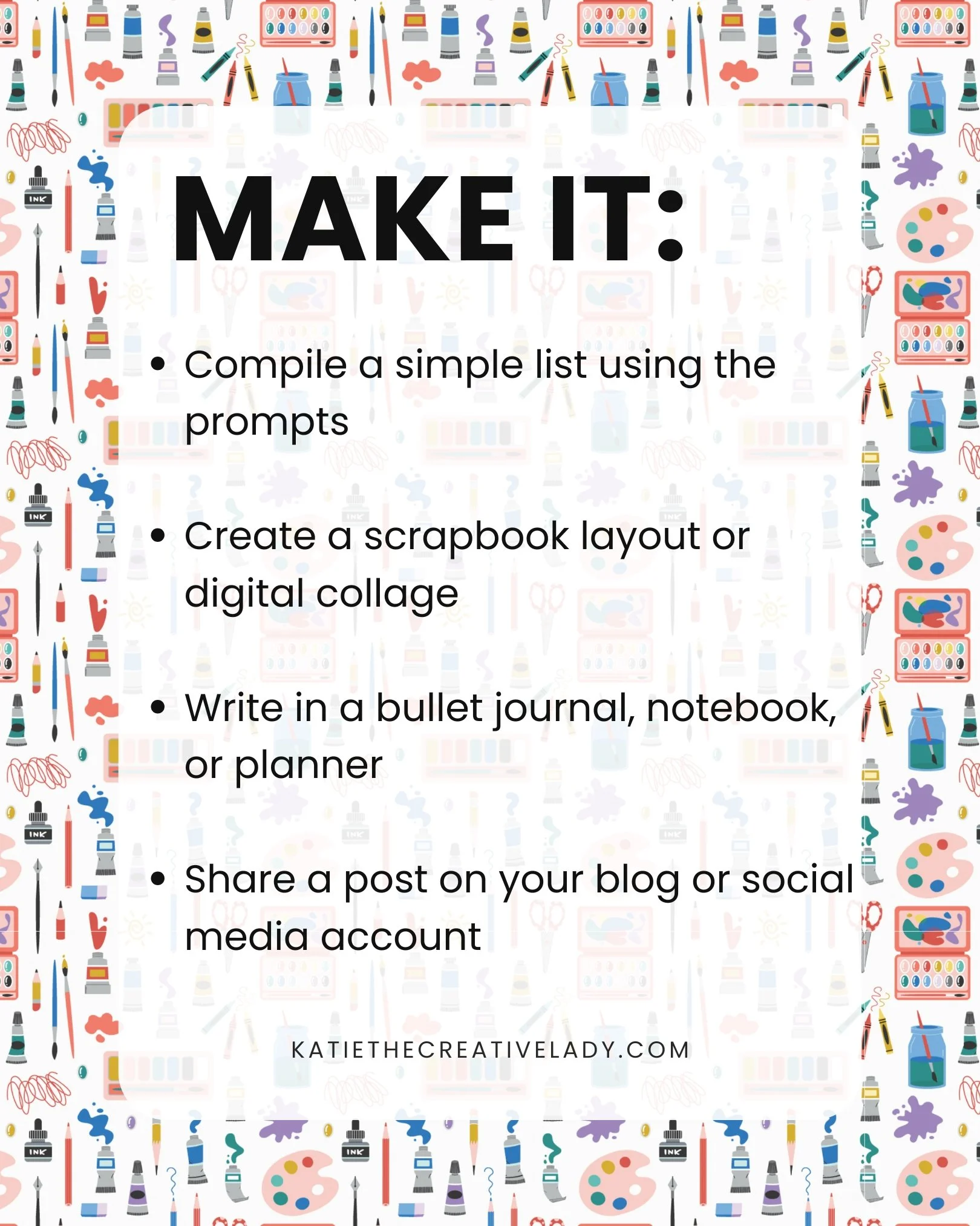 Graphic with ideas for creating a memory keeping project including lists, scrapbook layouts, journaling, and social media sharing
