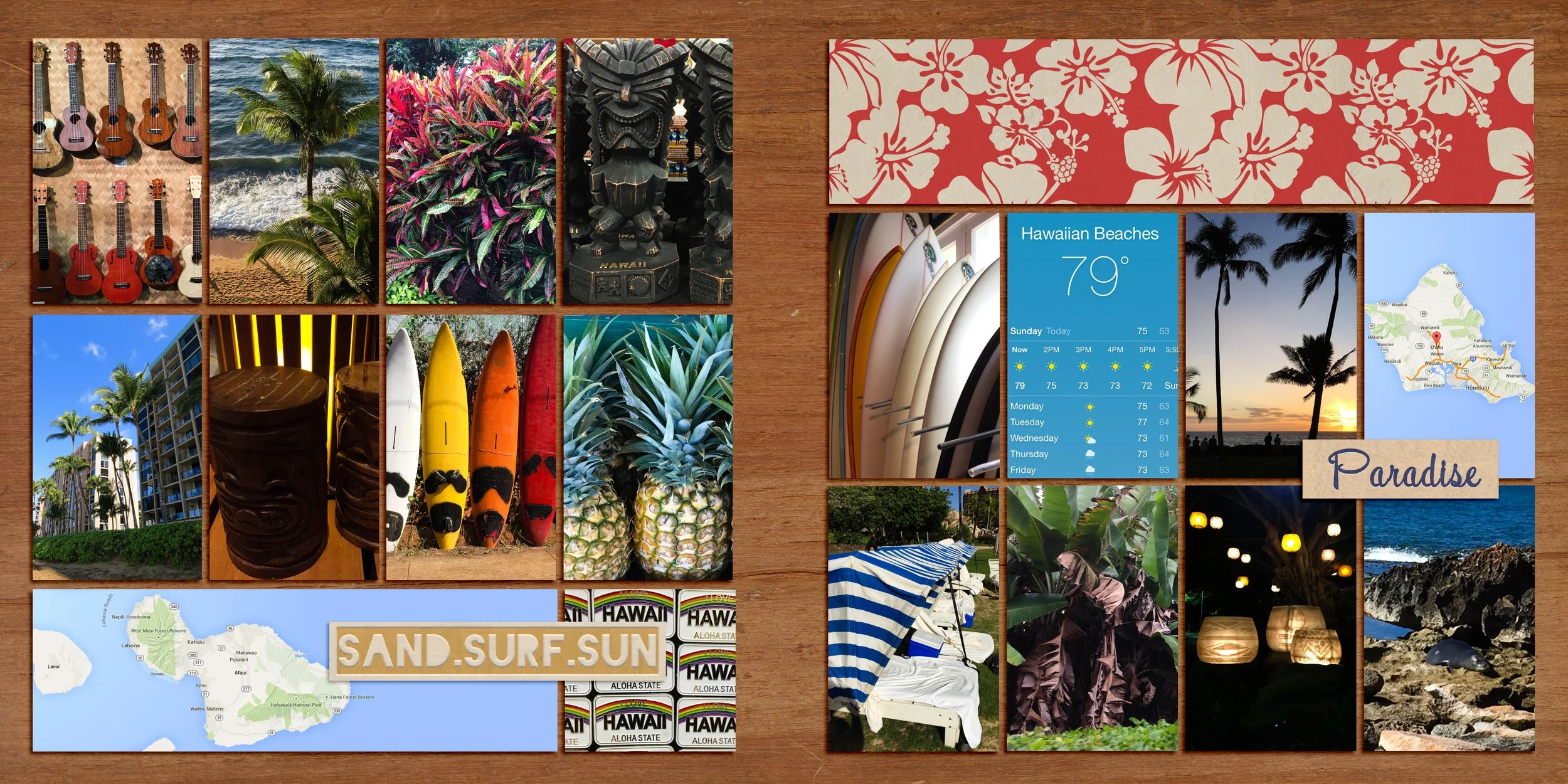 A double page scrapbook layout about Hawaii using a weather app screenshot for documentation