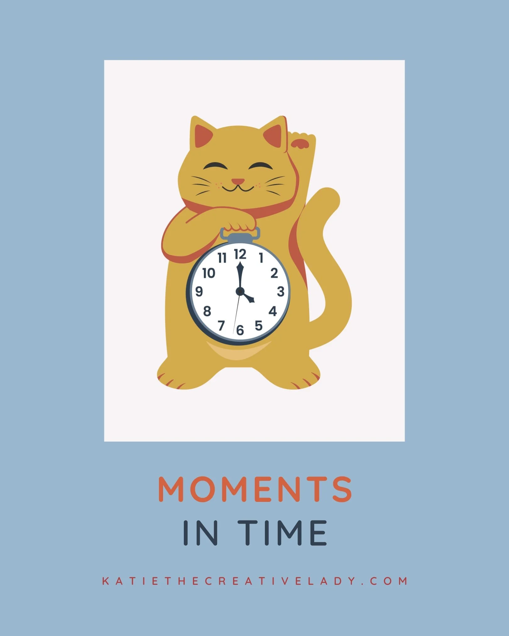 Moments in Time theme introduction image with a cute cat clock graphic