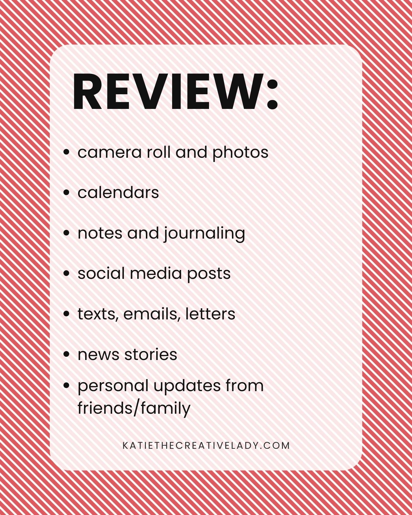 February roundup review checklist showing ideas like photos, calendars, journaling, and personal updates.