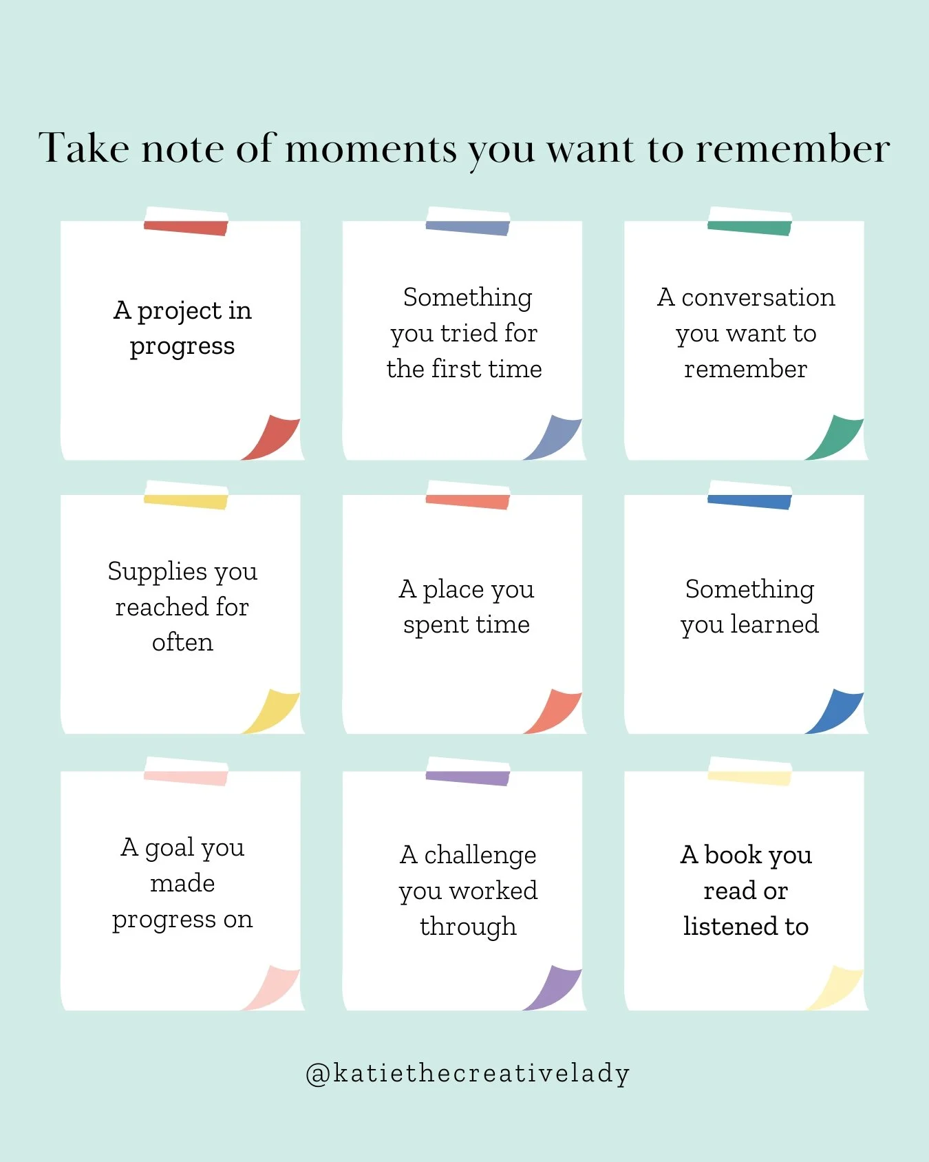 Grid of prompts for capturing creative moments, including projects in progress, trying something new, supplies used, and goals or challenges worked through