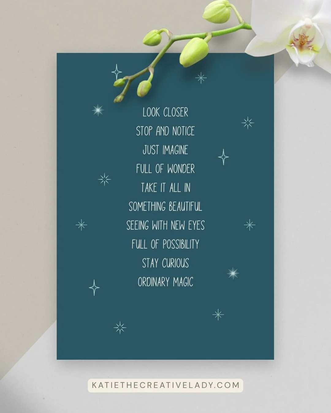 Dark teal pocket card with stars and ten short sayings about curiosity, imagination, discovery, and everyday wonder.