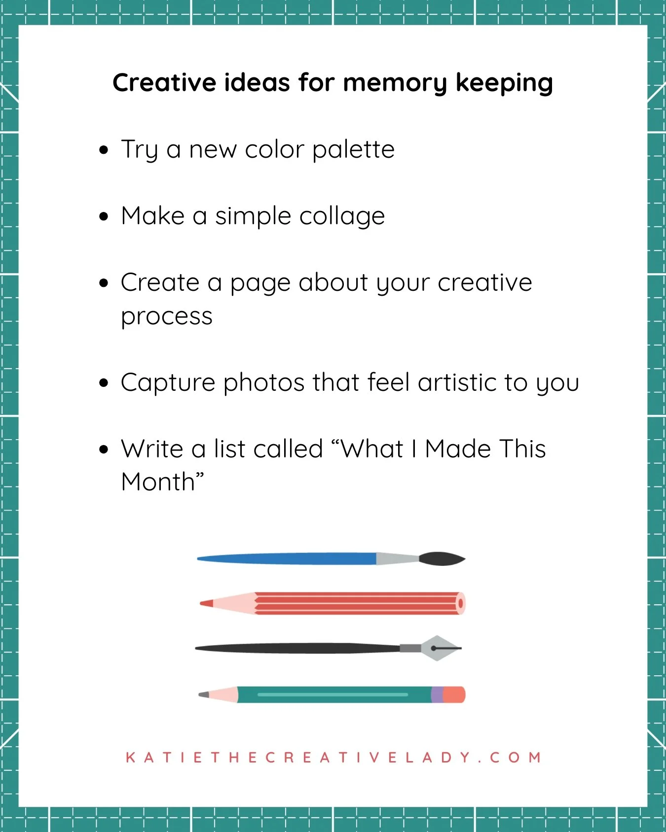 List of creative ideas for memory keeping such as trying a new color palette, making a collage, and documenting your creative process