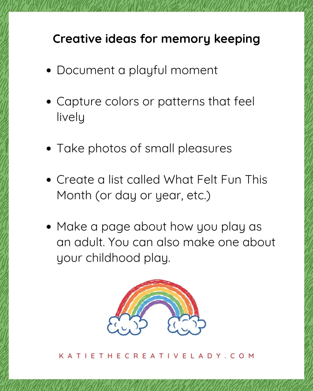 Creative memory keeping ideas inspired by the theme of play, including documenting playful moments, photographing everyday joy, and creating scrapbook pages about fun experiences.
